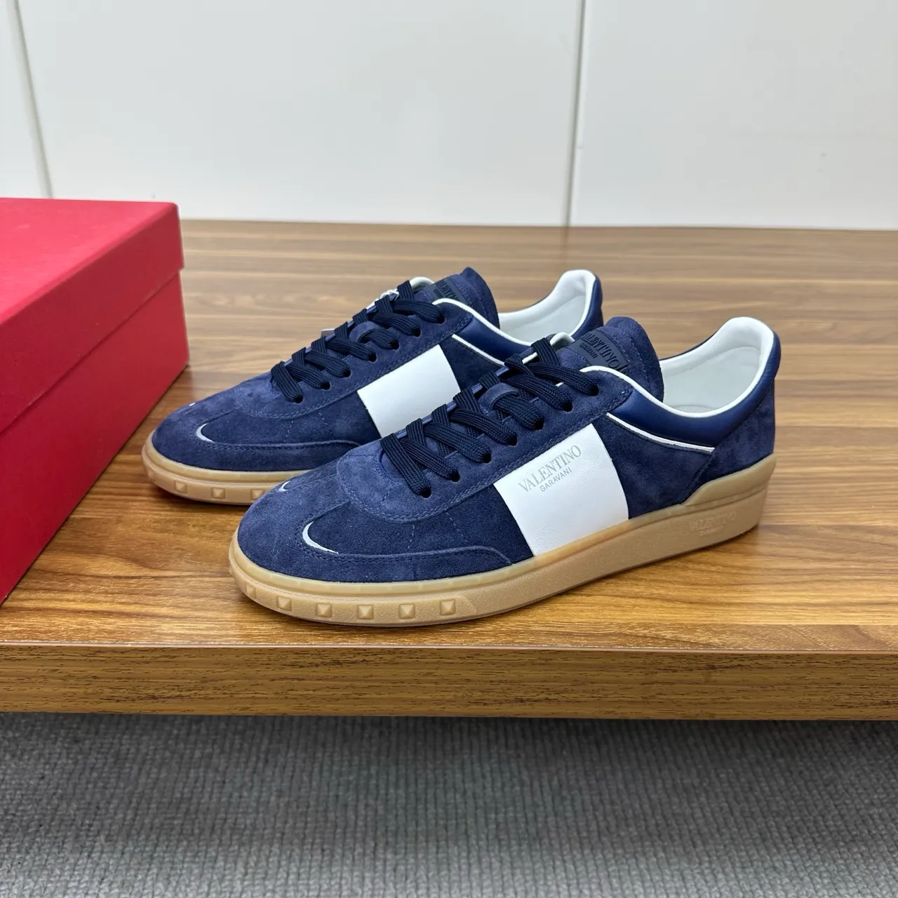 Valentino Navy White Suede Side Stripe Lifestyle Sneakers