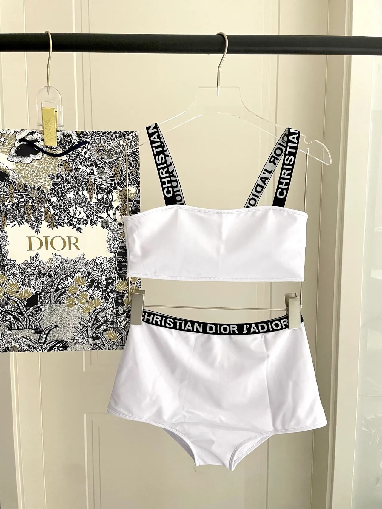 Dior J'adore White Bandeau Top and High-Waisted Briefs Swimwear