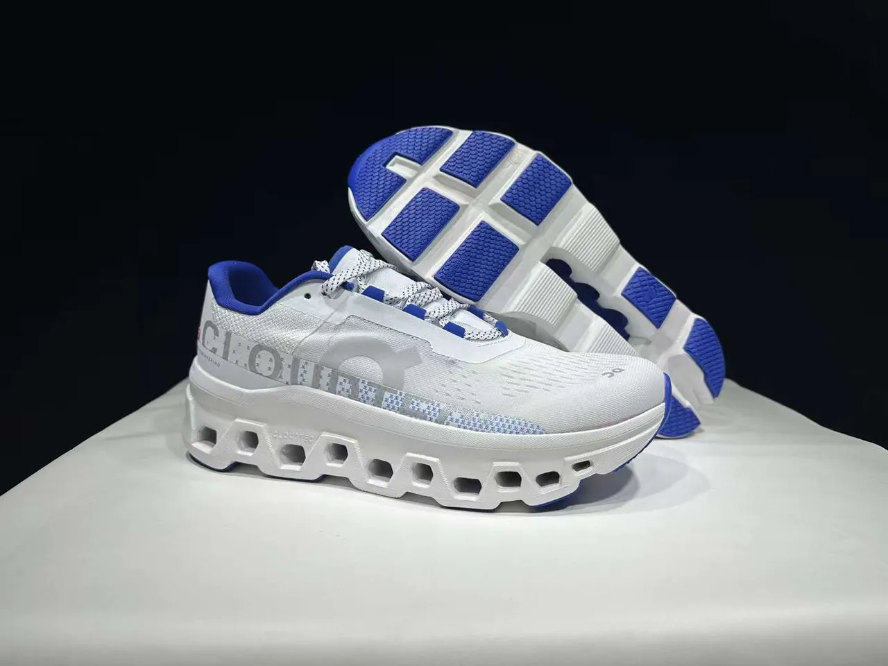 On Cloudmonster White and Blue Running Shoes