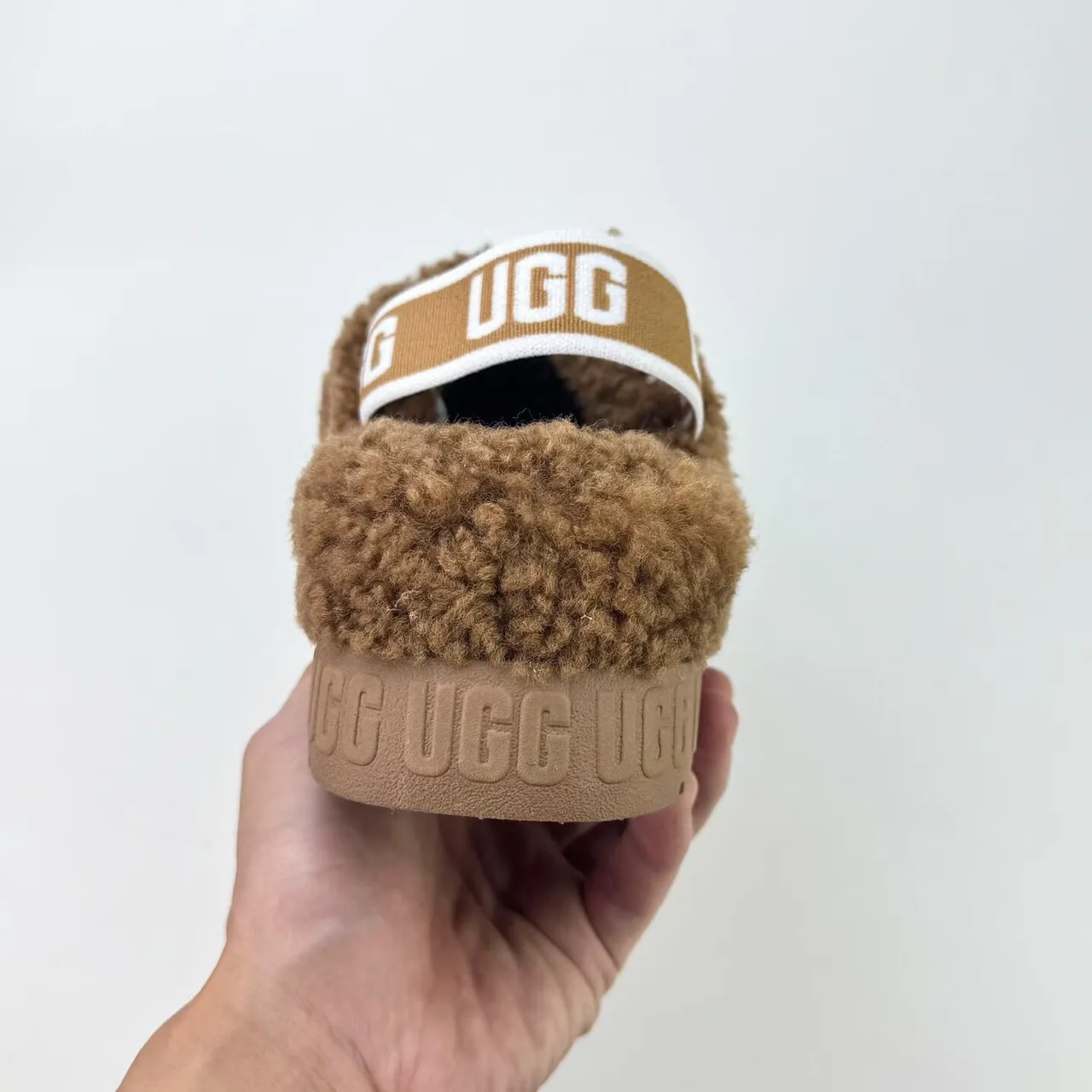 UGG Tasman Brown Fuzzy Cross-Strap Platform Slippers