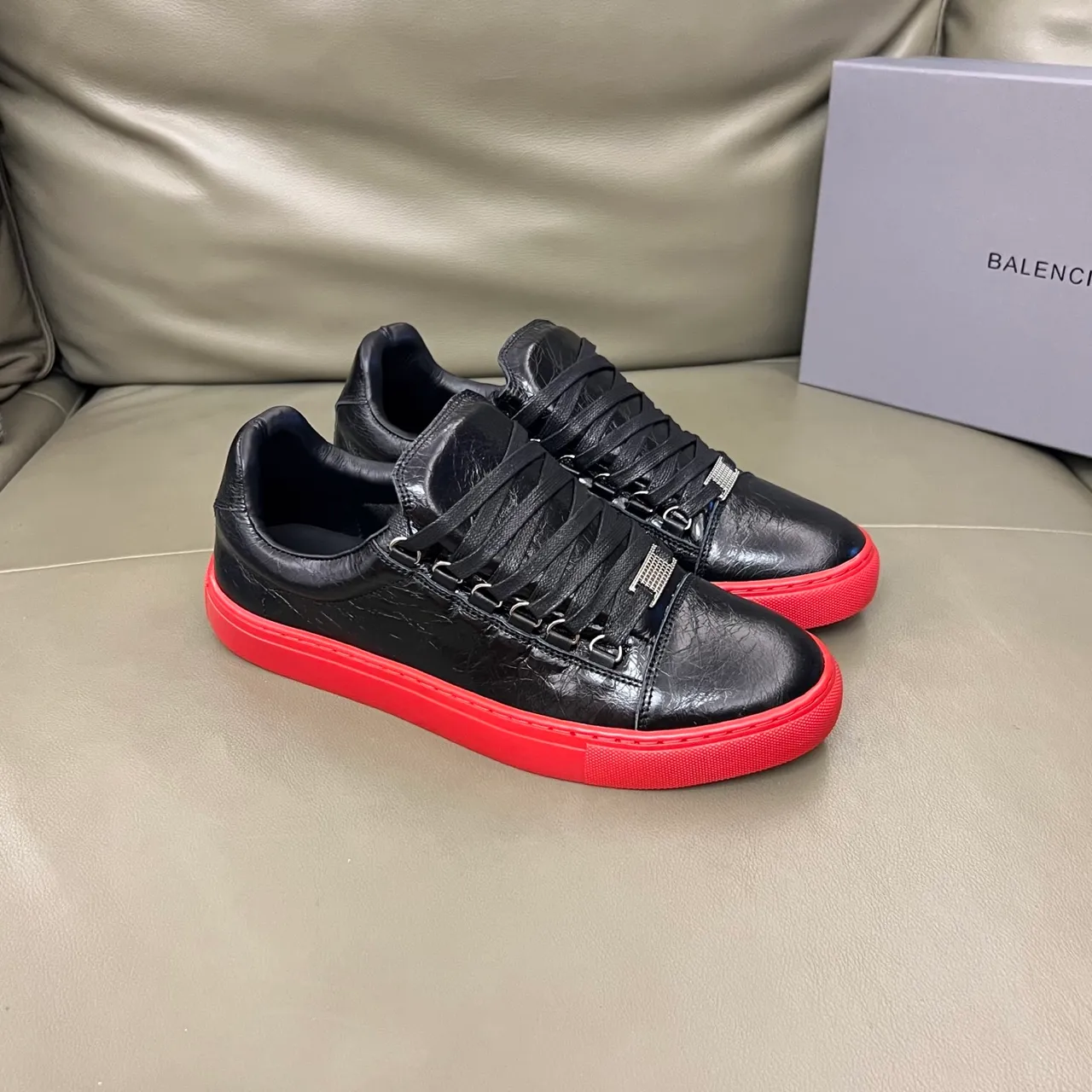 Balenciaga Black Red Crinkled Leather Vibrant Cupsole Lifestyle Sneakers