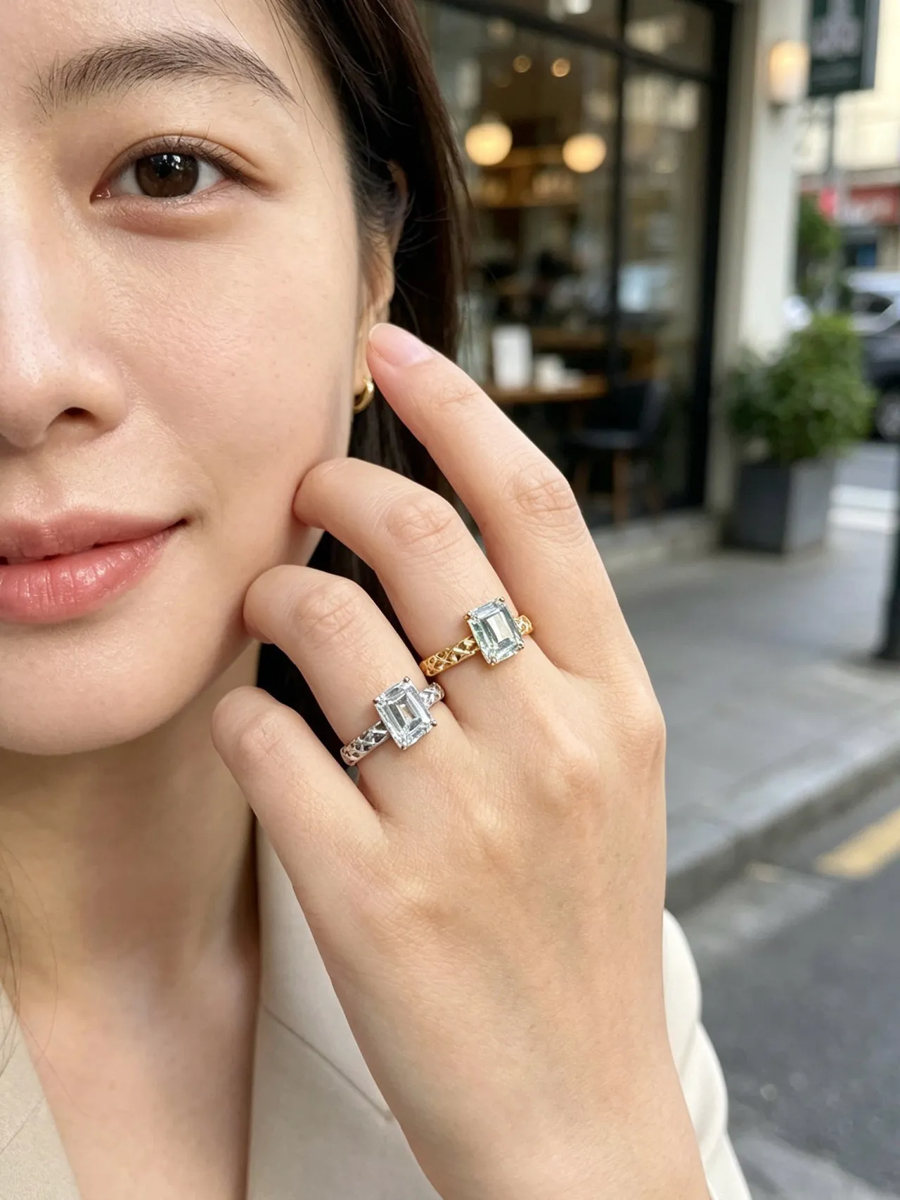 Gold Silver Emerald-Cut Stone Textured Braided Band Ring