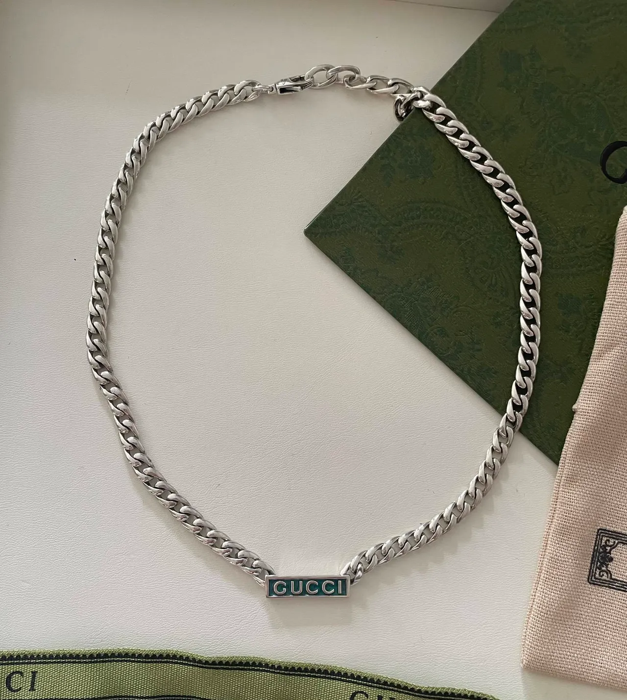 Gucci Logo Plaque Curb Chain Necklace