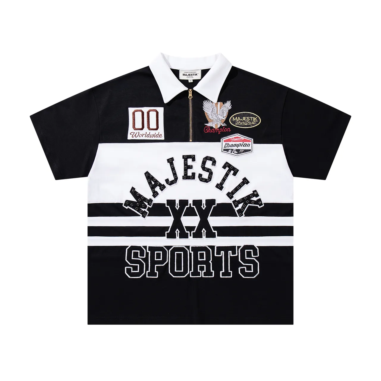 Majestik XX Sports Black and White Patchwork Polo Shirt