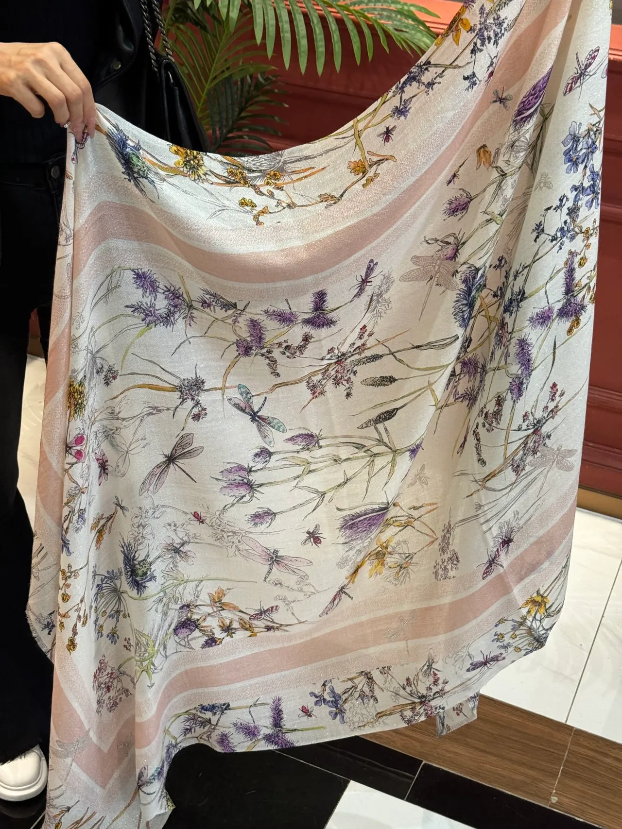 Beige Multicolor Botanical Print Sheer Lightweight Silk Scarf