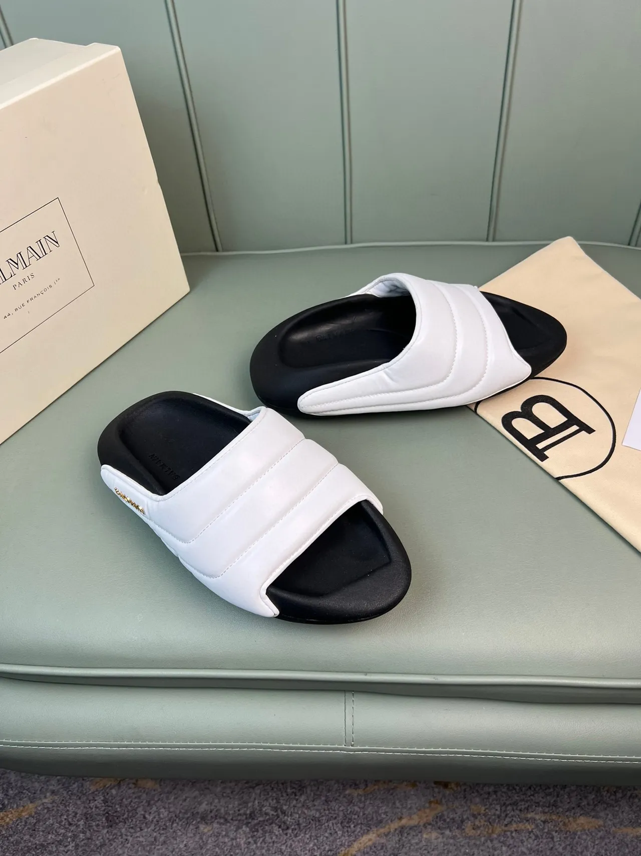 Balmain B-Court White Black Quilted Strap Molded Sole Slippers