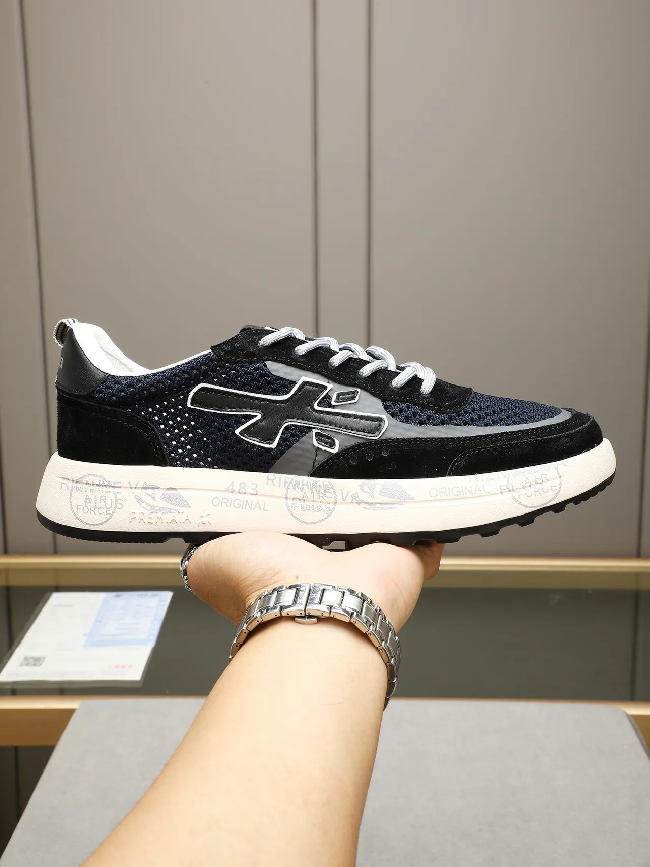 Premiata Black White Mixed-Material Upper Perforated Mesh Sneakers