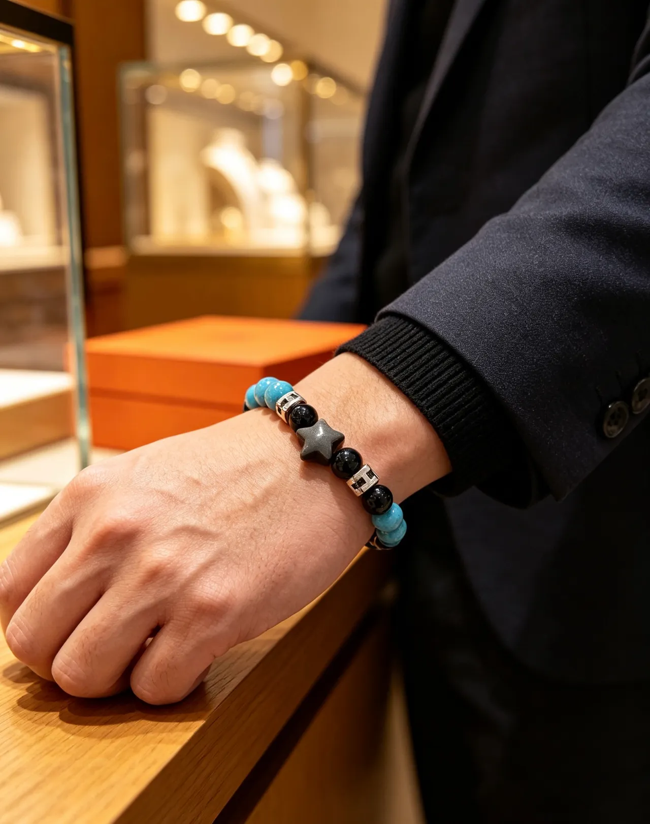 Hermès H Collection Black Blue Beaded Stretch Hardware Bracelet