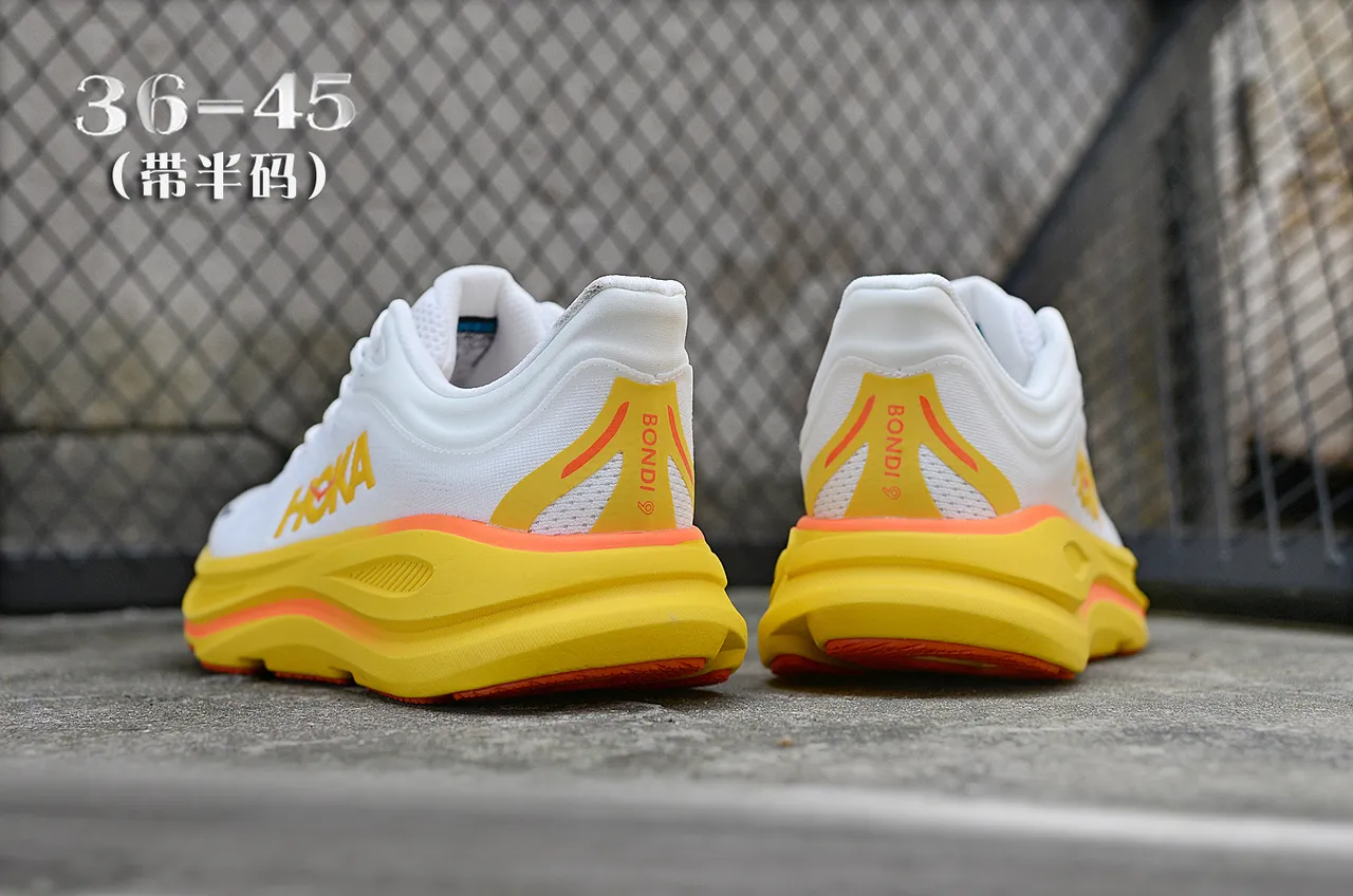 Hoka White Yellow Engineered Knit Upper Thick Cushioned Midsole Running Shoes