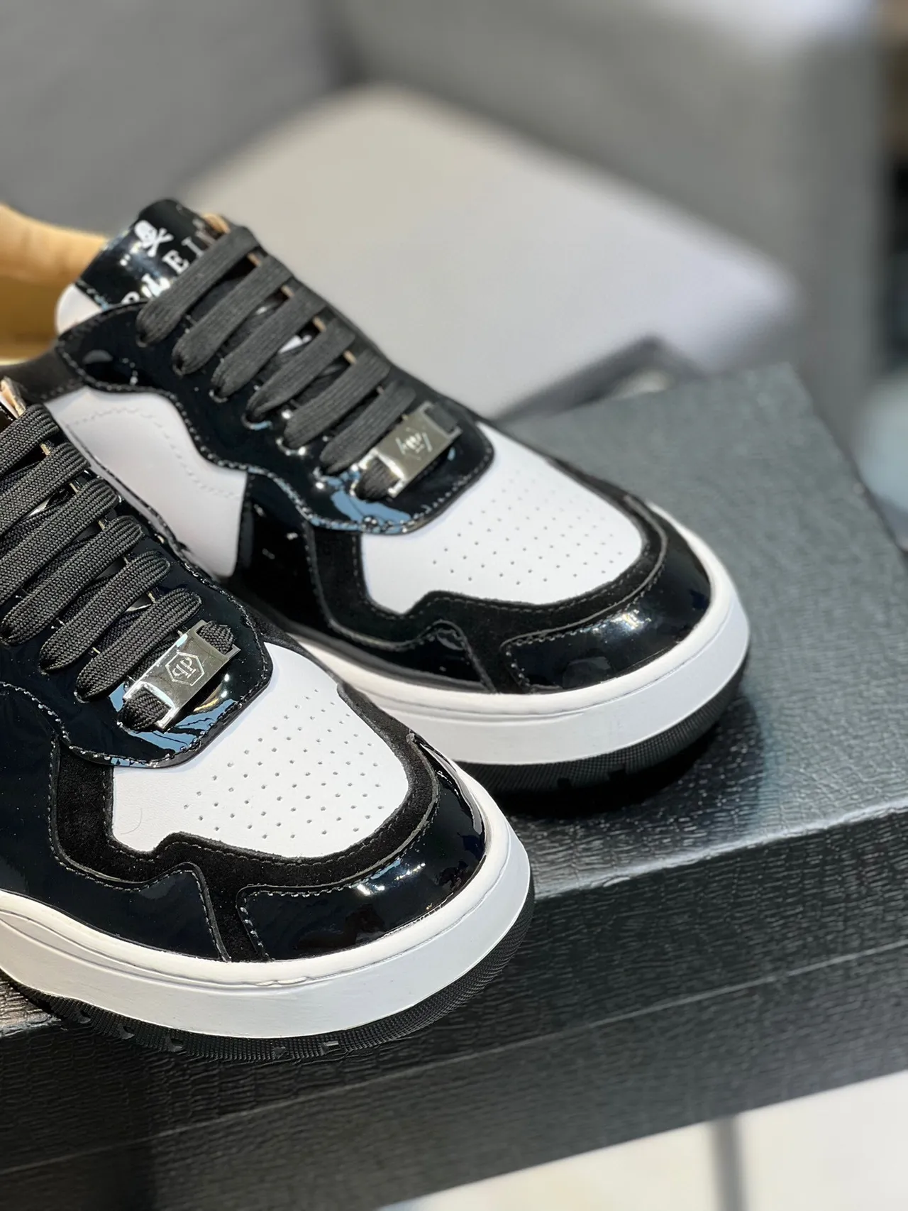Philipp Plein Black White Panelled Upper Patent Leather Accents Lifestyle Sneakers