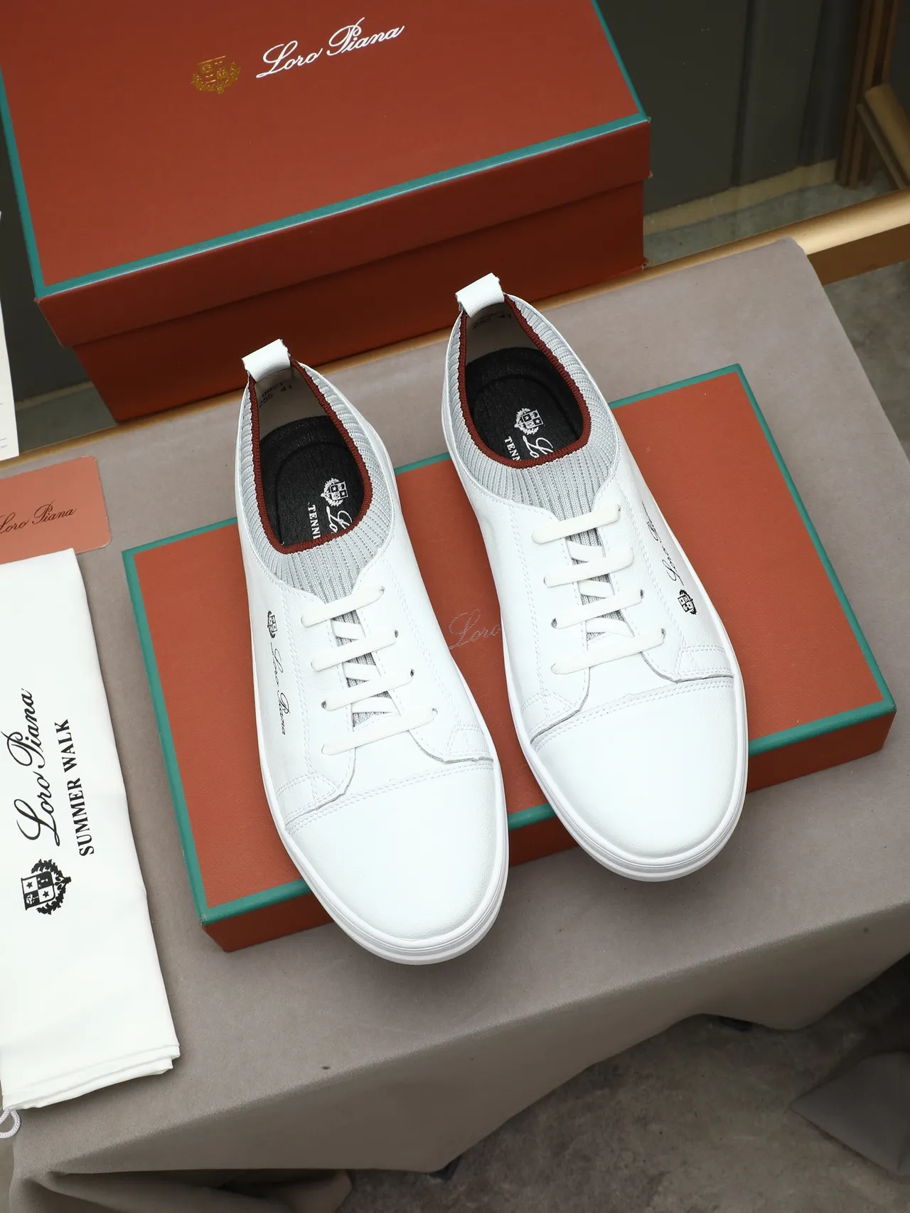 Loro Piana White Leather Knit-Collar Lifestyle Sneaker