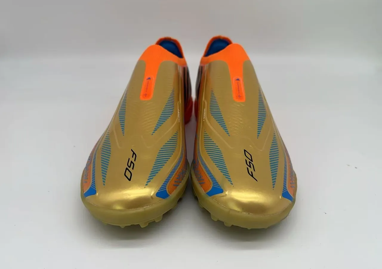 Adidas F50 Gold Orange Laceless Sock-Fit Upper Metallic Overlay Turf Soccer Shoes