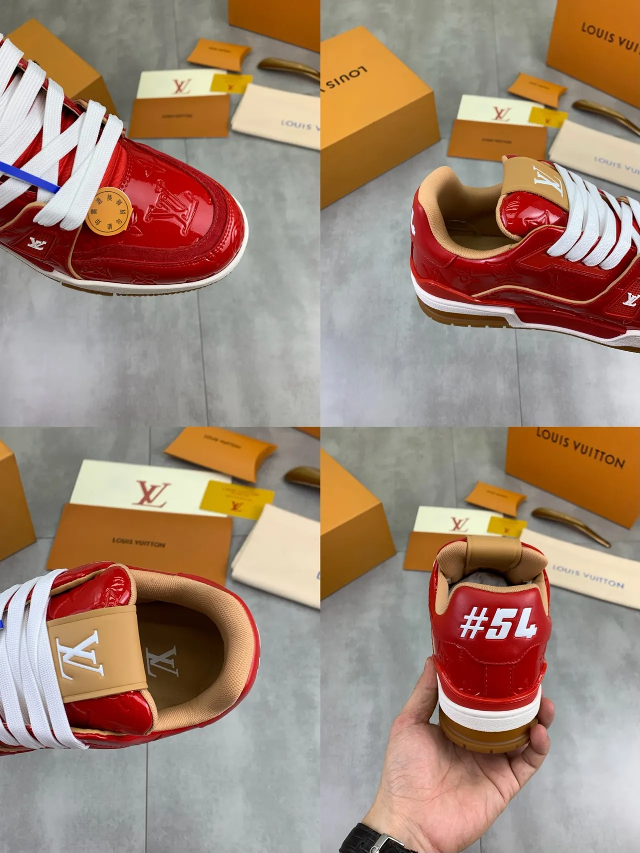Louis Vuitton LV Trainer Red Beige Patent Leather Monogrammed Lifestyle Sneakers