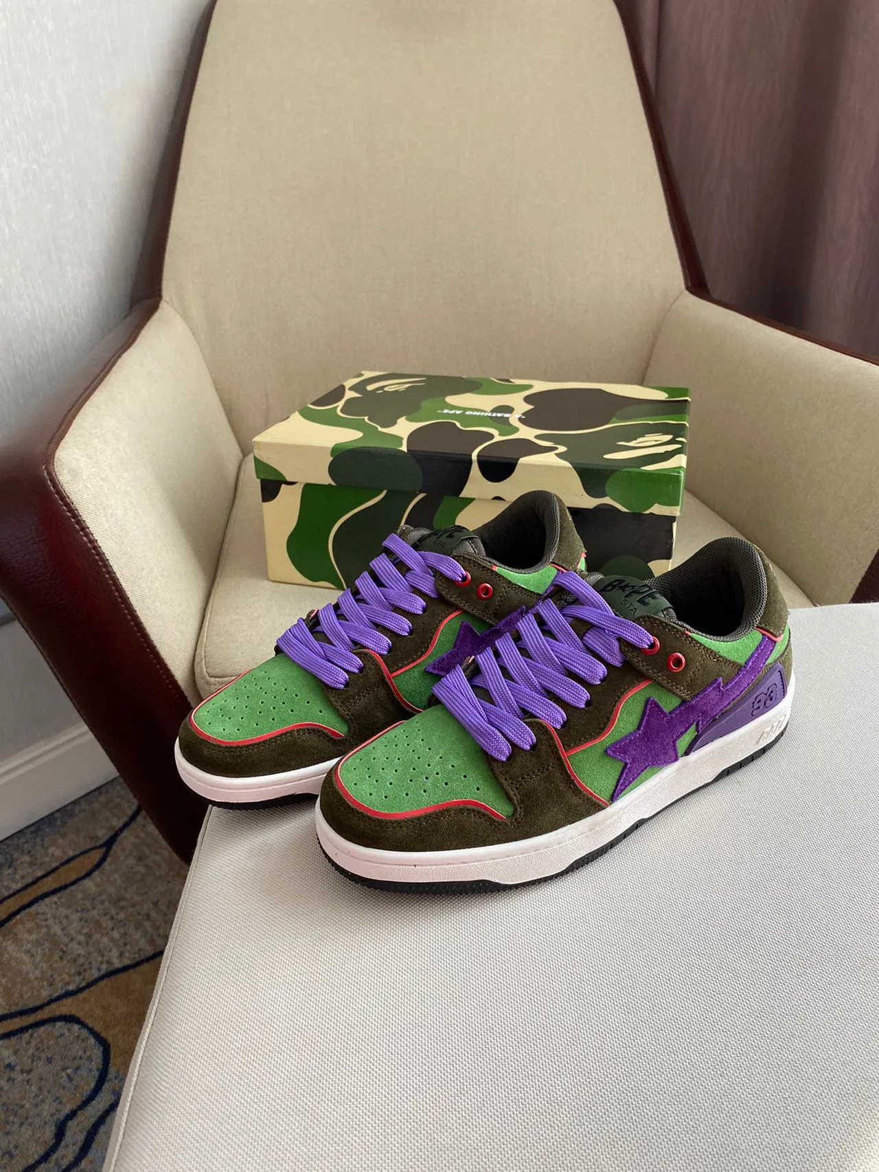 A Bathing Ape BAPE STA Army Green Purple Low-Top Suede And Textile Upper Lifestyle Sneakers