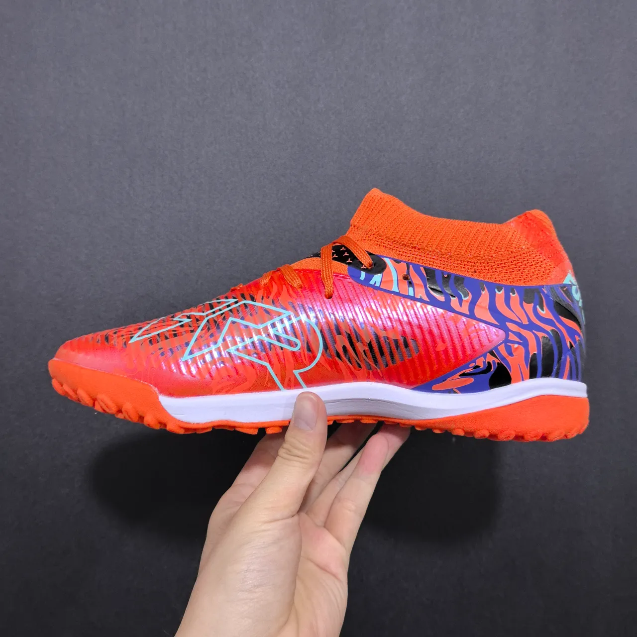 Puma Orange Blue Sock-Fit Knit Collar Molded Synthetic Cage Upper Turf Soccer Shoes