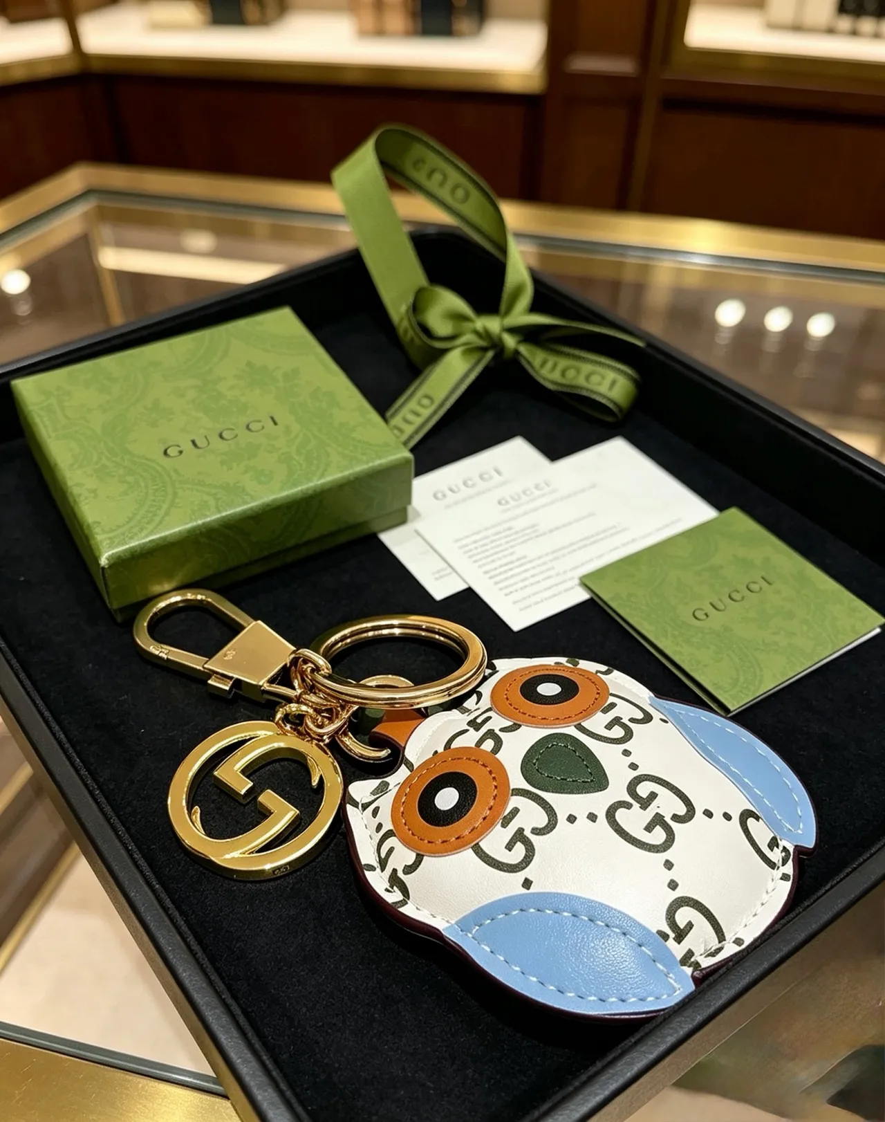 Gucci White Blue Owl-Shaped GG Monogram Leather Phone Case