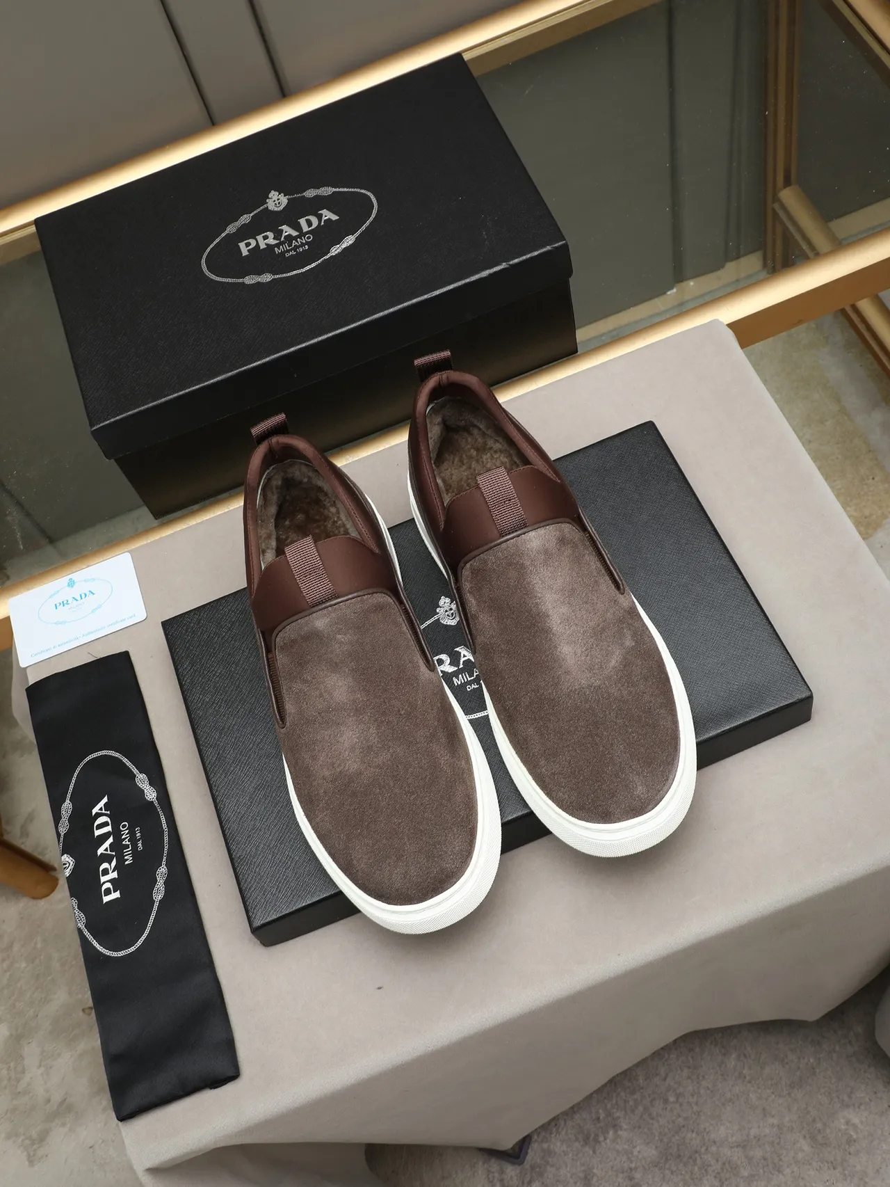 Prada Slip-On Suede Brown White Platform Lifestyle Sneakers