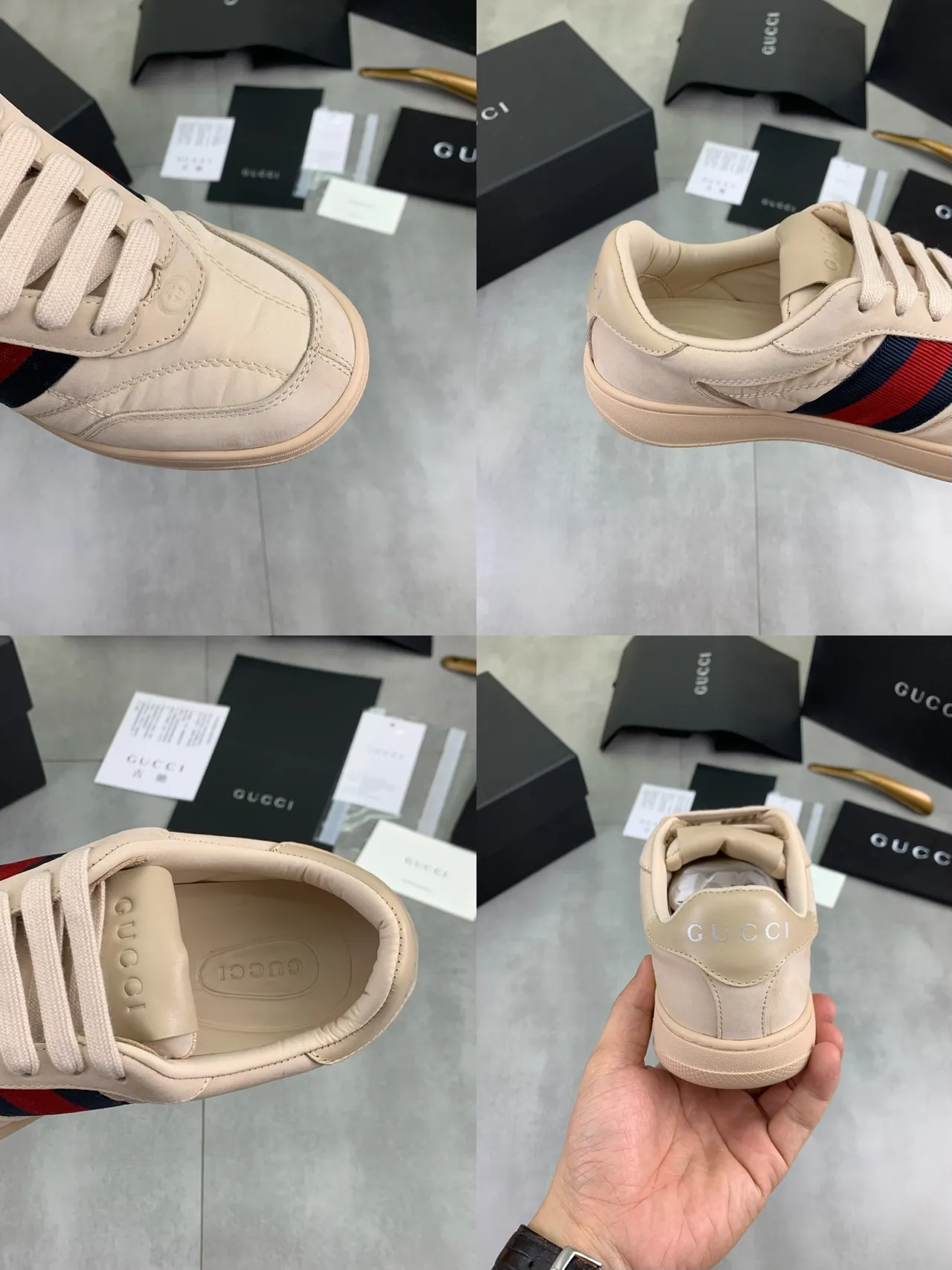 Gucci Beige Navy Quilted Leather Upper Web Stripe Side Panel Lifestyle Sneakers