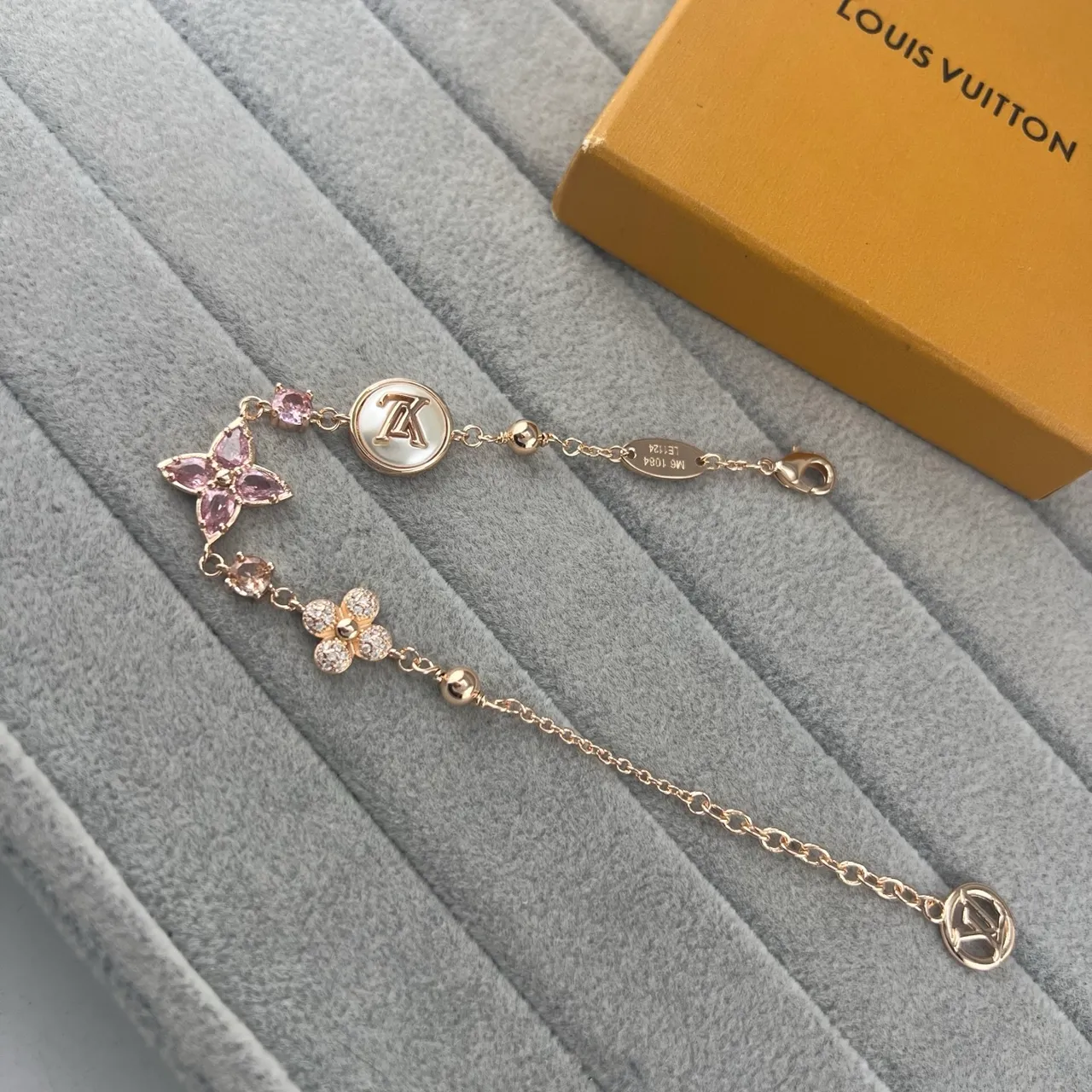 Louis Vuitton Flower Charm Bracelet Gold Pink Chain-Link Floral Bracelet