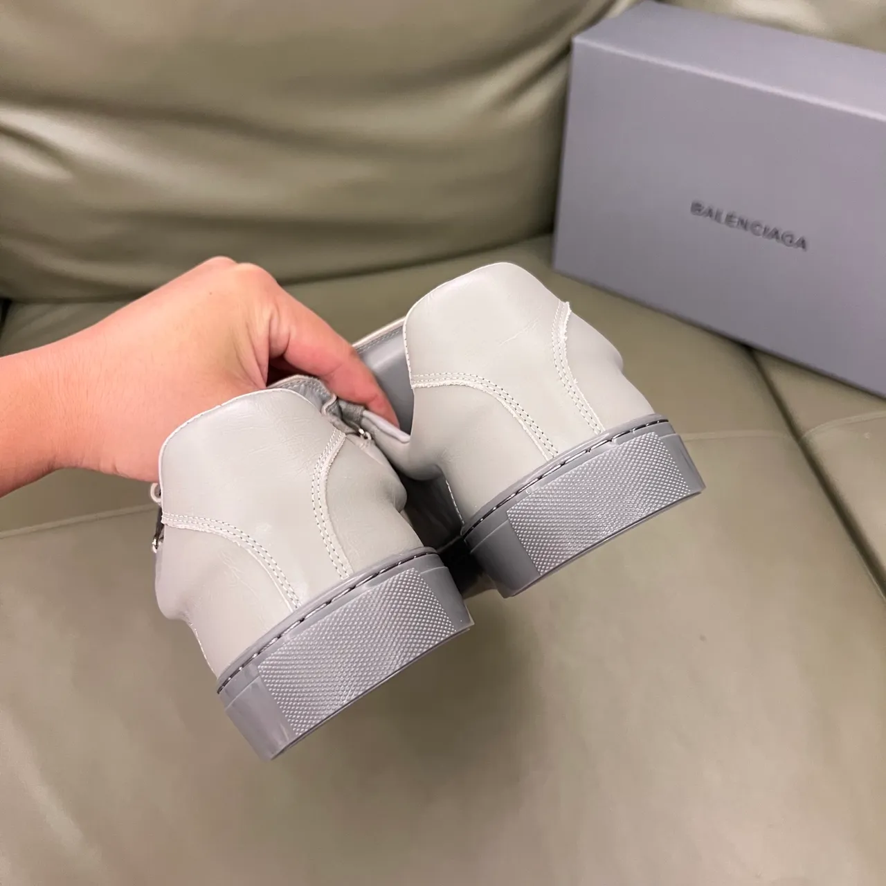 Balenciaga White Gray Minimalist Leather Upper Lifestyle Sneakers