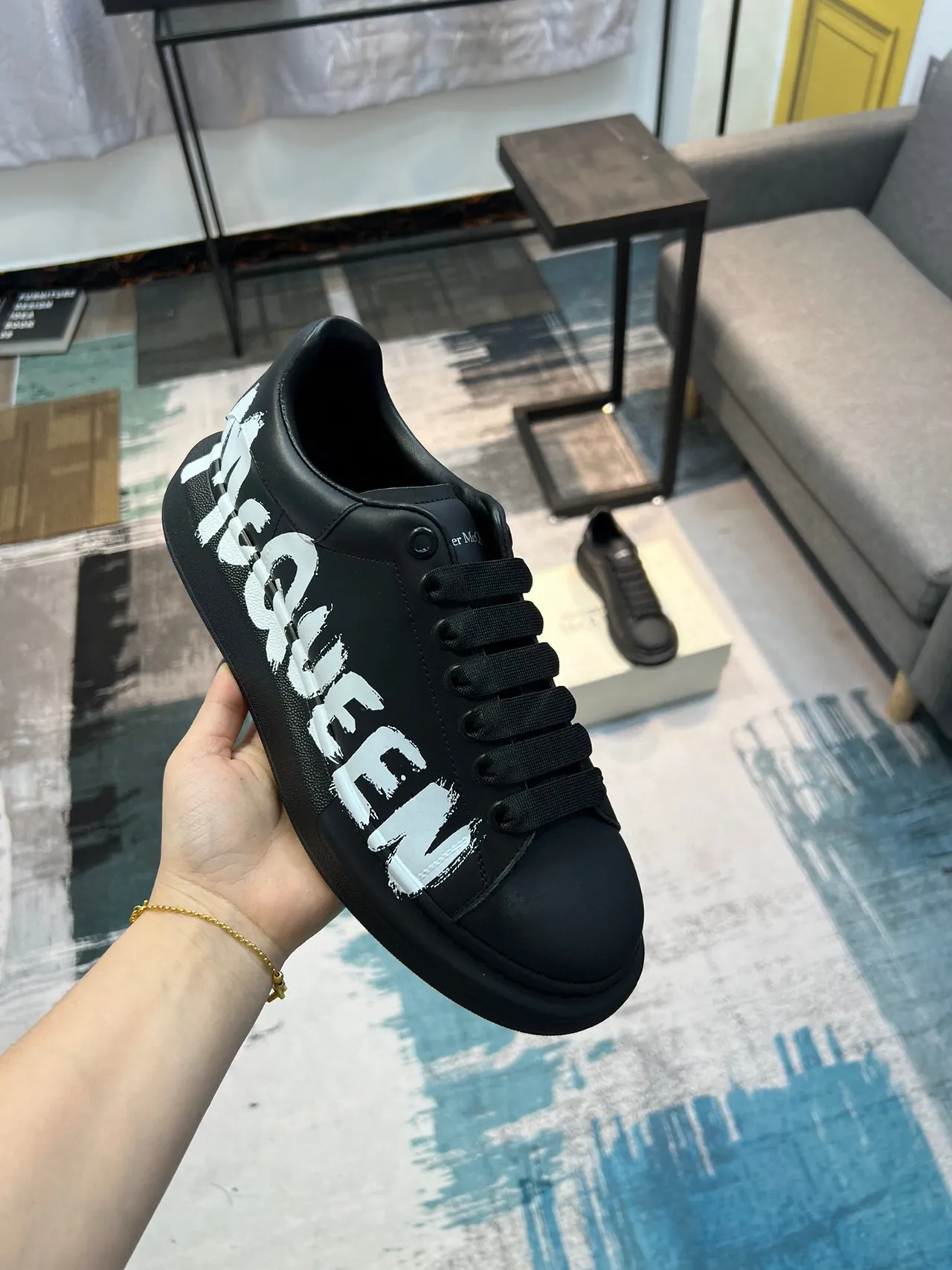 Alexander McQueen Oversized Sneaker Black White Platform Sole Graffiti-Style Logo Lifestyle Sneakers