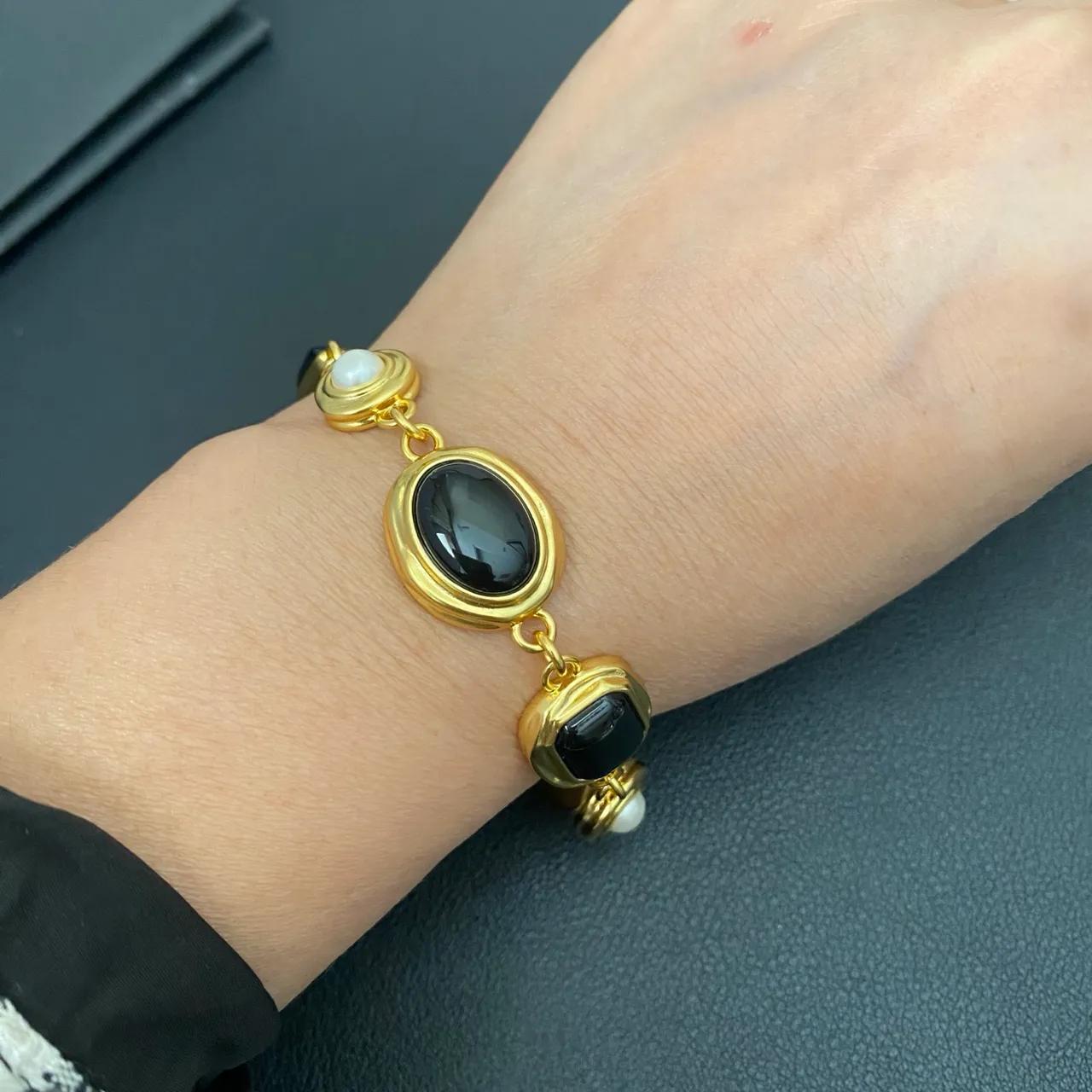 Saint Laurent Gold-Tone Black Stone and Pearl Link Bracelet