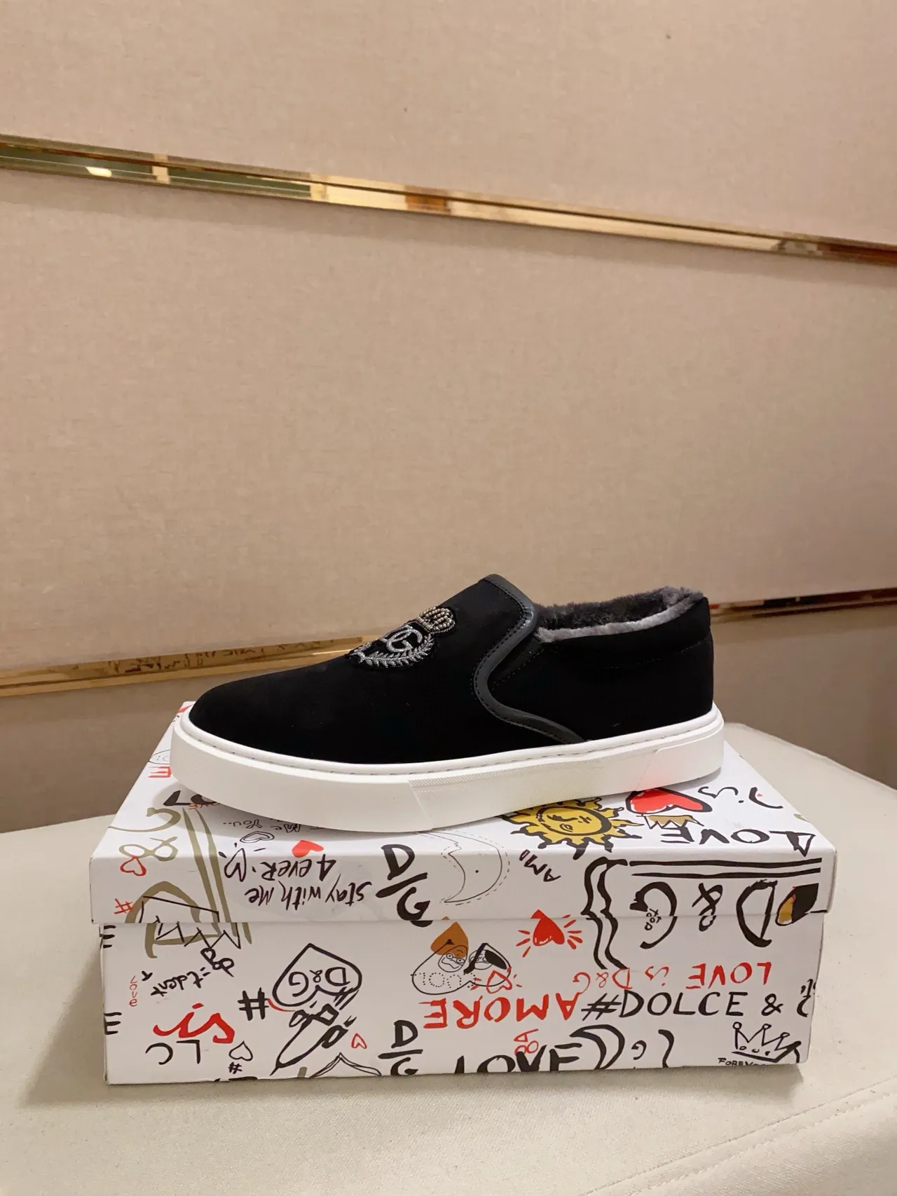 Dolce & Gabbana Portofino Black White Slip-On Suede Upper Lifestyle Sneakers