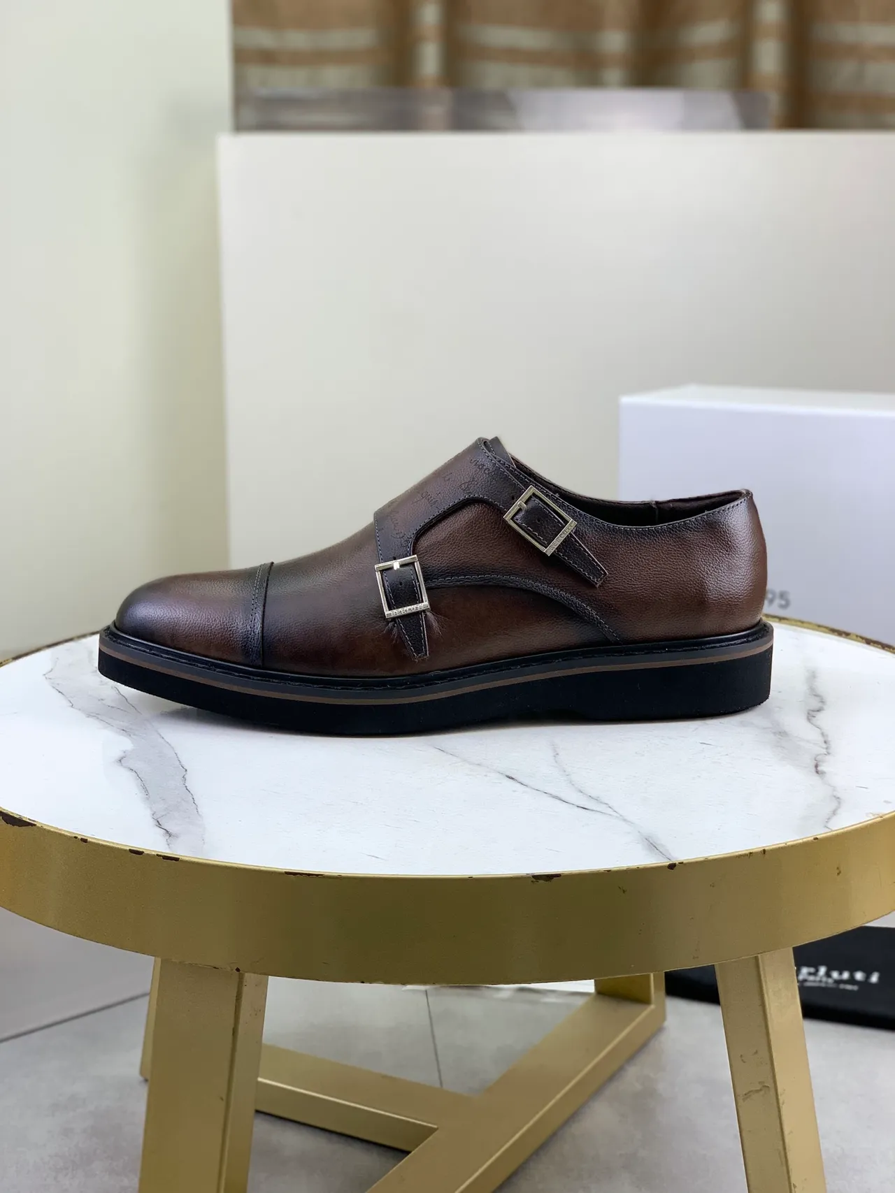 BERLUTI Double Monk Strap Cap Toe Brown Leather Monk Shoes