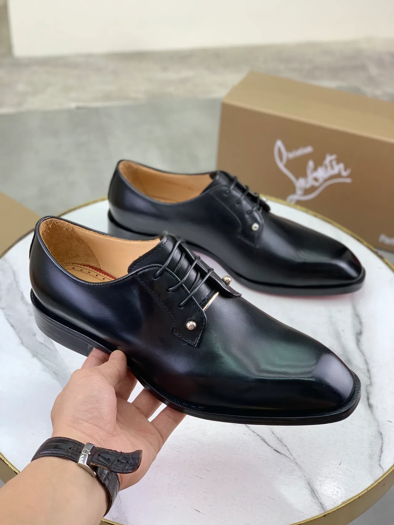 Christian Louboutin Black Beige Glossy Leather Cap Toe Oxford Shoes