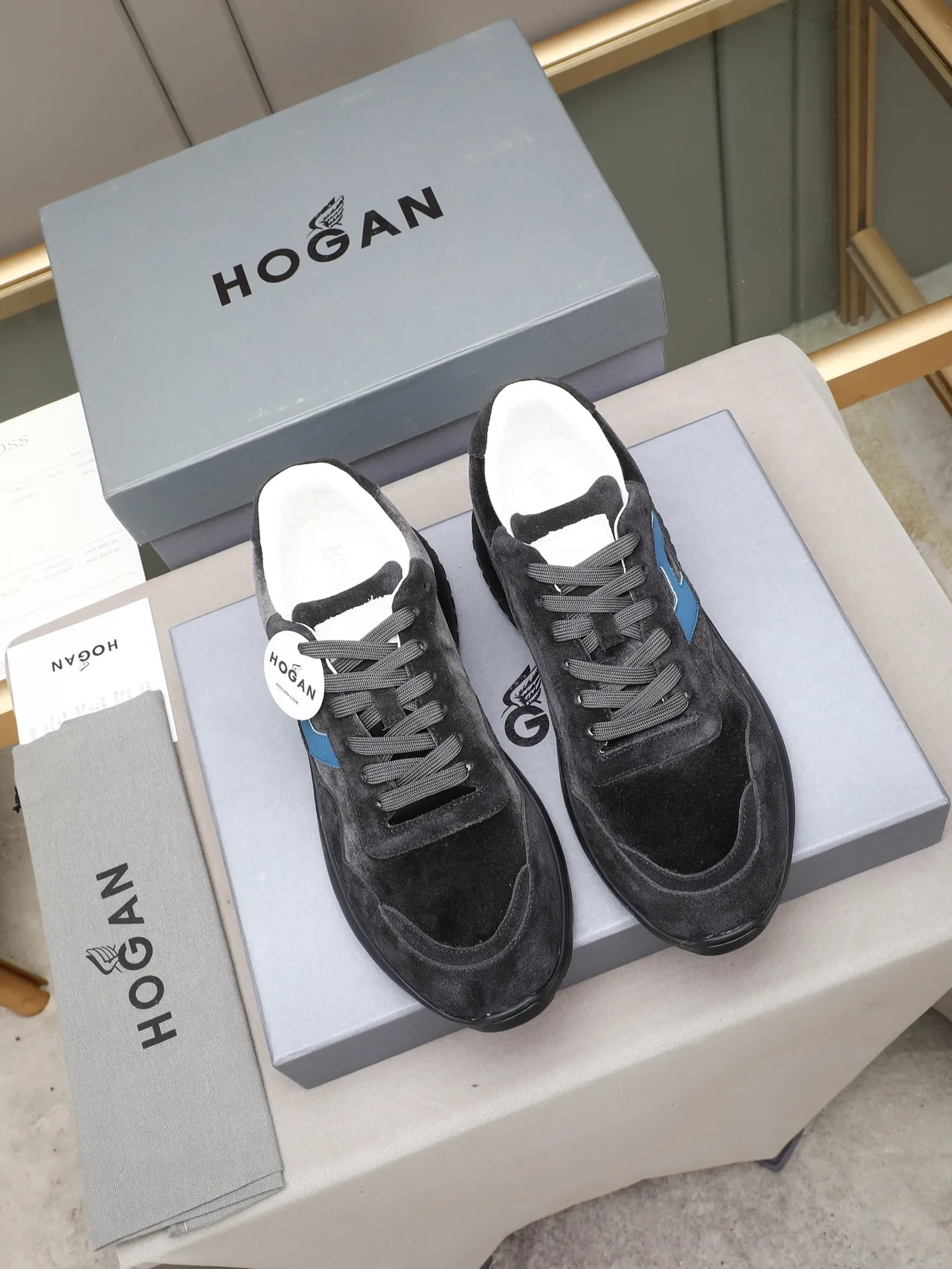 Hogan Black Blue Suede Upper H-Shaped Side Panel Lifestyle Sneakers