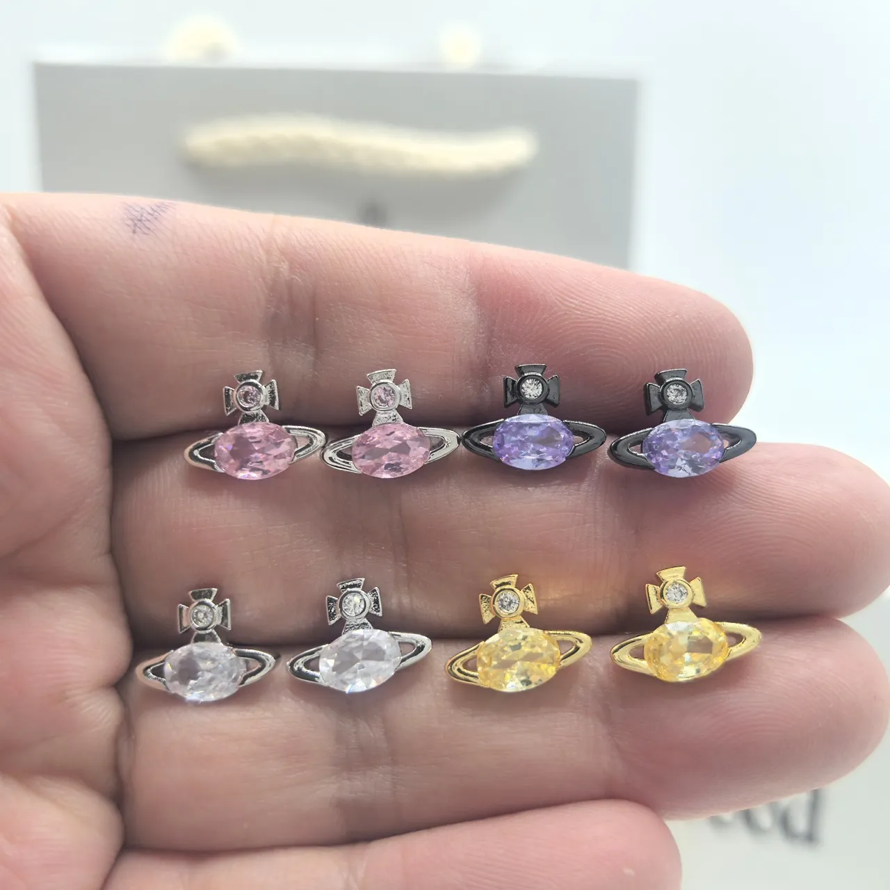 Vivienne Westwood Orb Multicolor Silver Motif Faceted Oval Stone Earrings