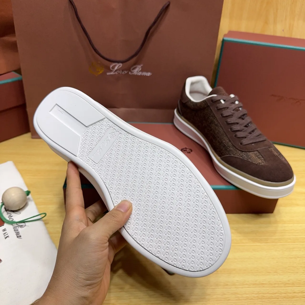 Loro Piana Brown Suede and Woven Textile Low-Top Lifestyle Sneakers