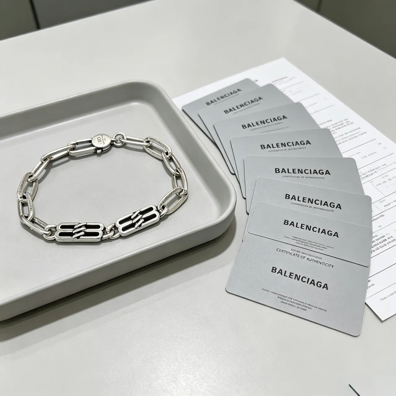 Balenciaga Logo Charm Chunky Link Silver Bracelet