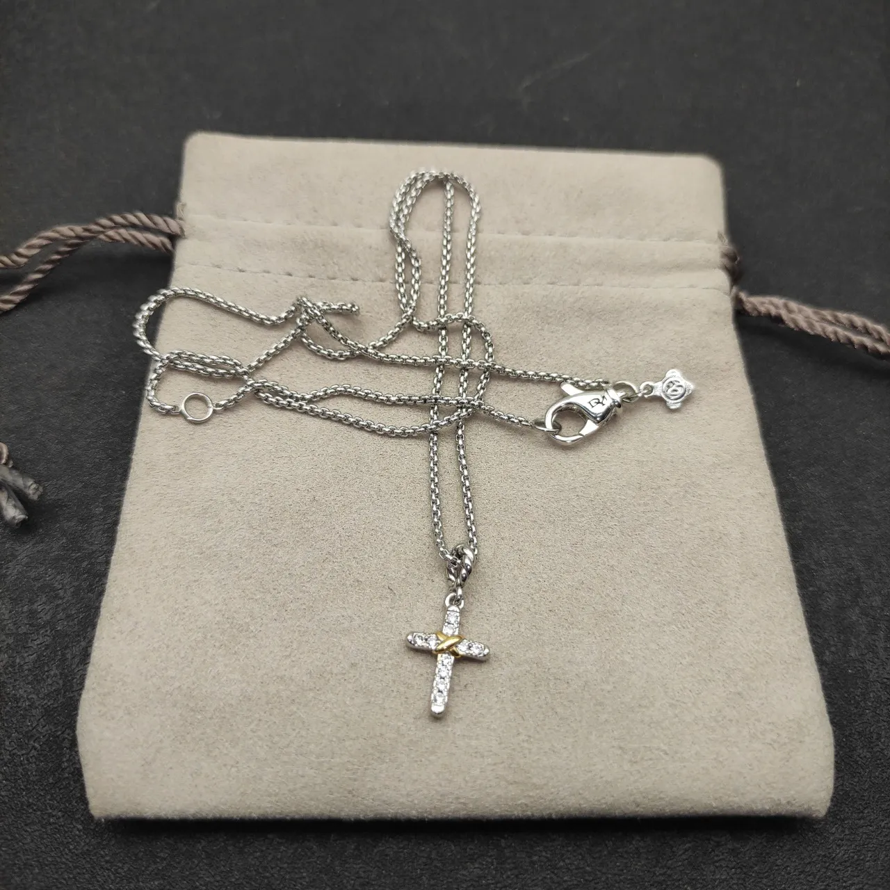 Tiffany & Co. Return to Silver Gold Pavé-Diamond Cross Two-Tone Metal Necklace