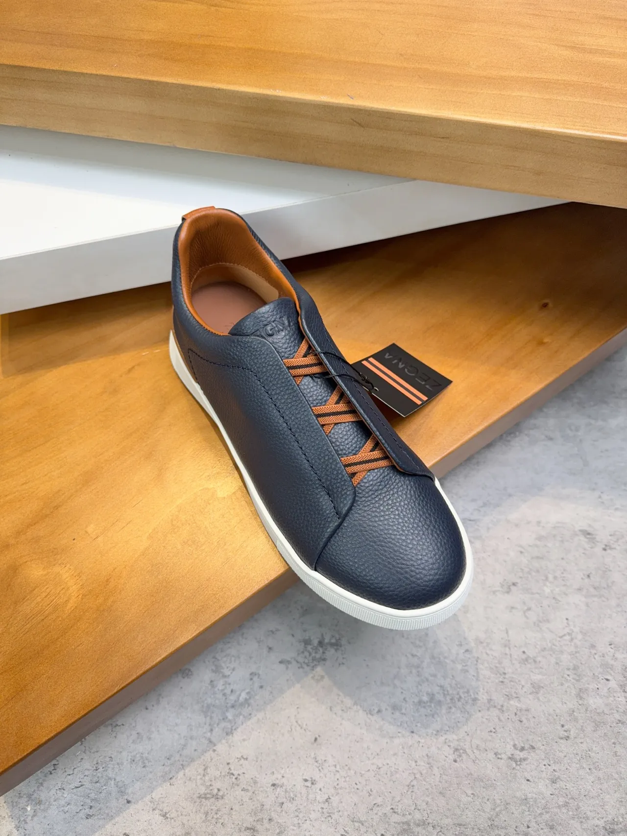 Zegna Navy Pebbled Leather Slip-On Lifestyle Sneakers
