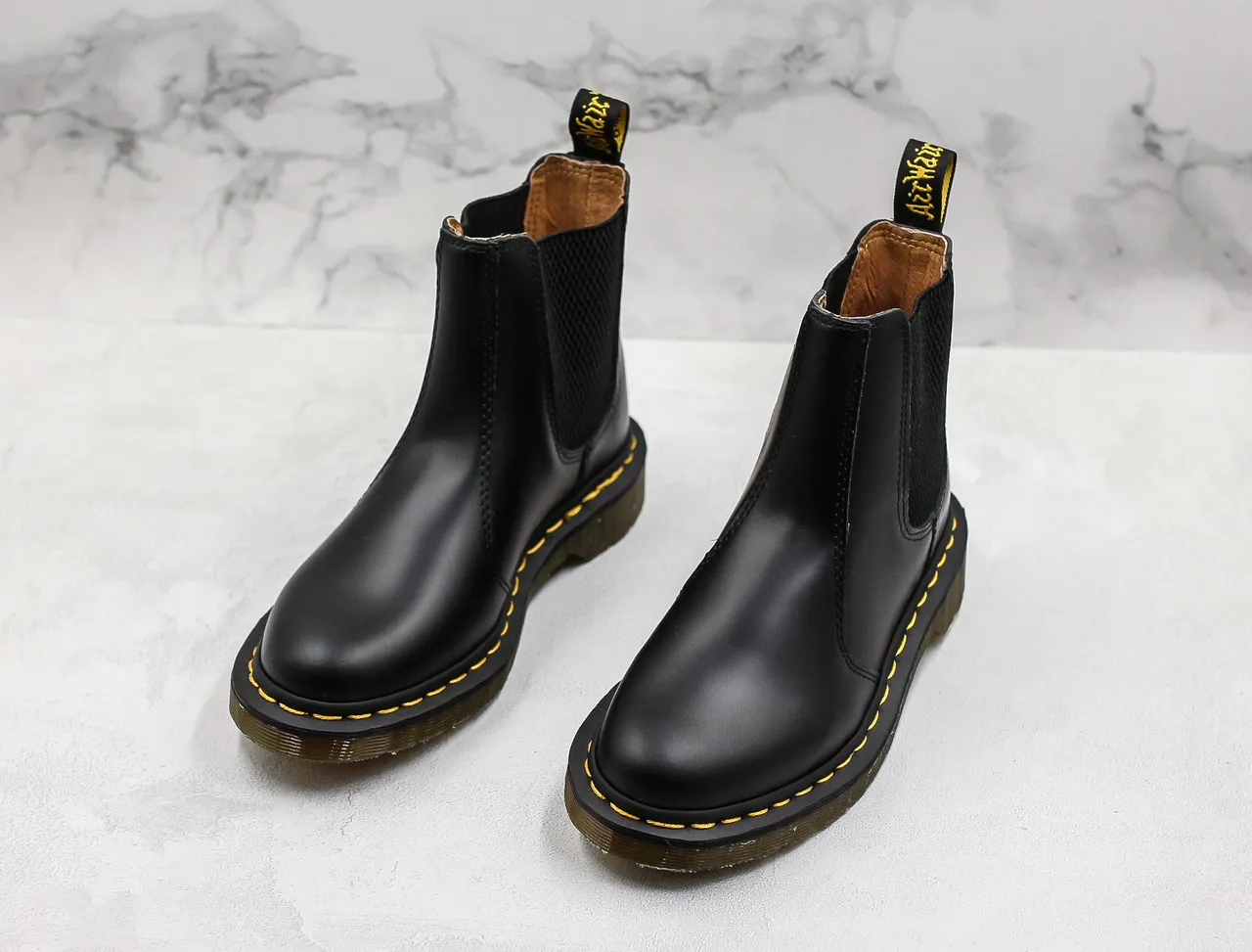 Dr. Martens Black Yellow Smooth Leather Elastic Side Gussets Chelsea Boots