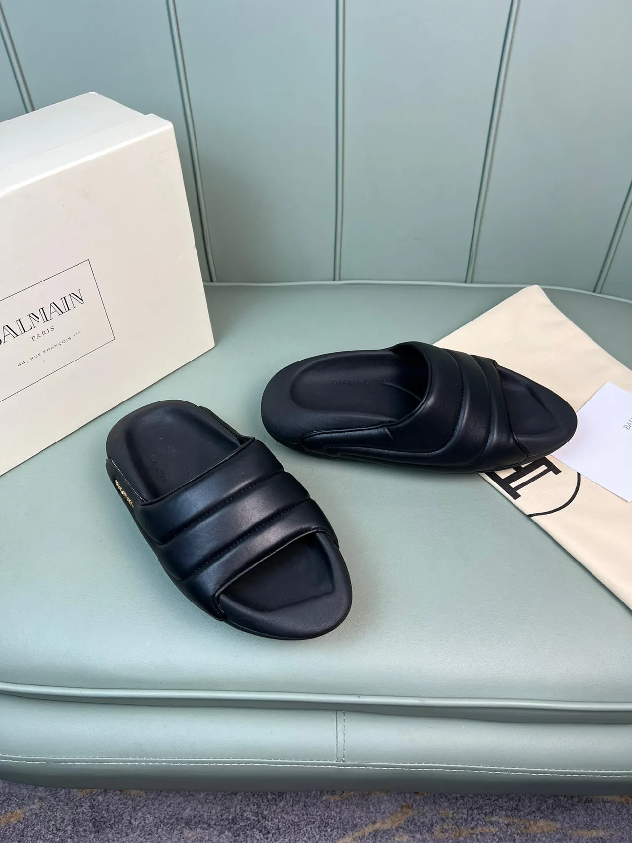 Balmain B-Court Black Gold Padded Strap Molded Sole Slippers