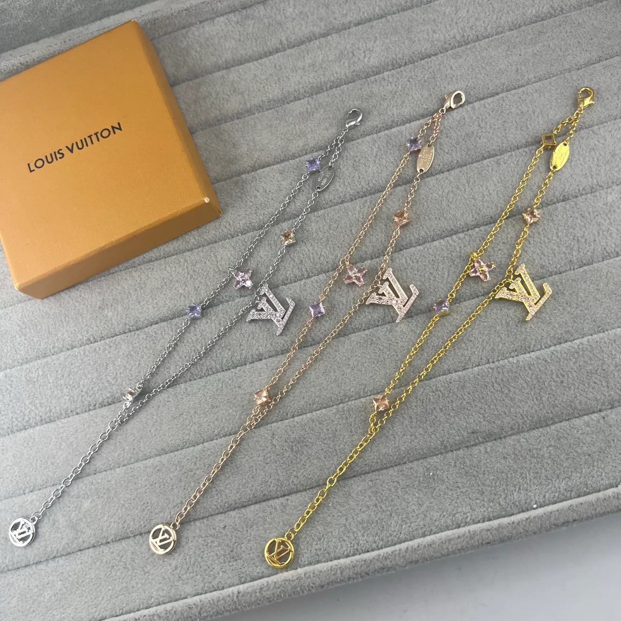 Louis Vuitton Gold Silver Chain-Link Crystal-Embellished Bracelet