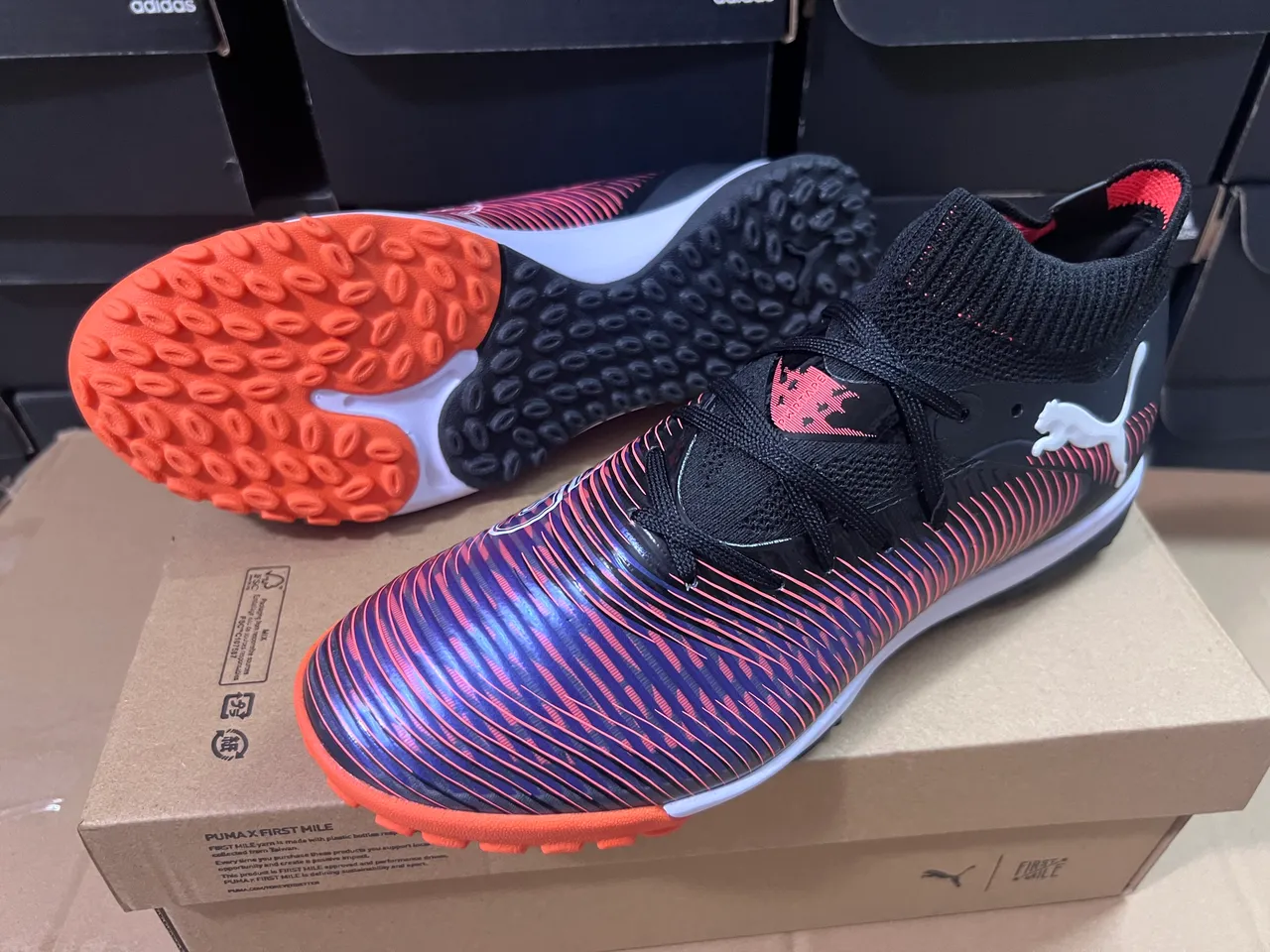 Puma Black Multicolor Knit Sock-Fit Collar Iridescent Striped Upper Turf Soccer Shoes