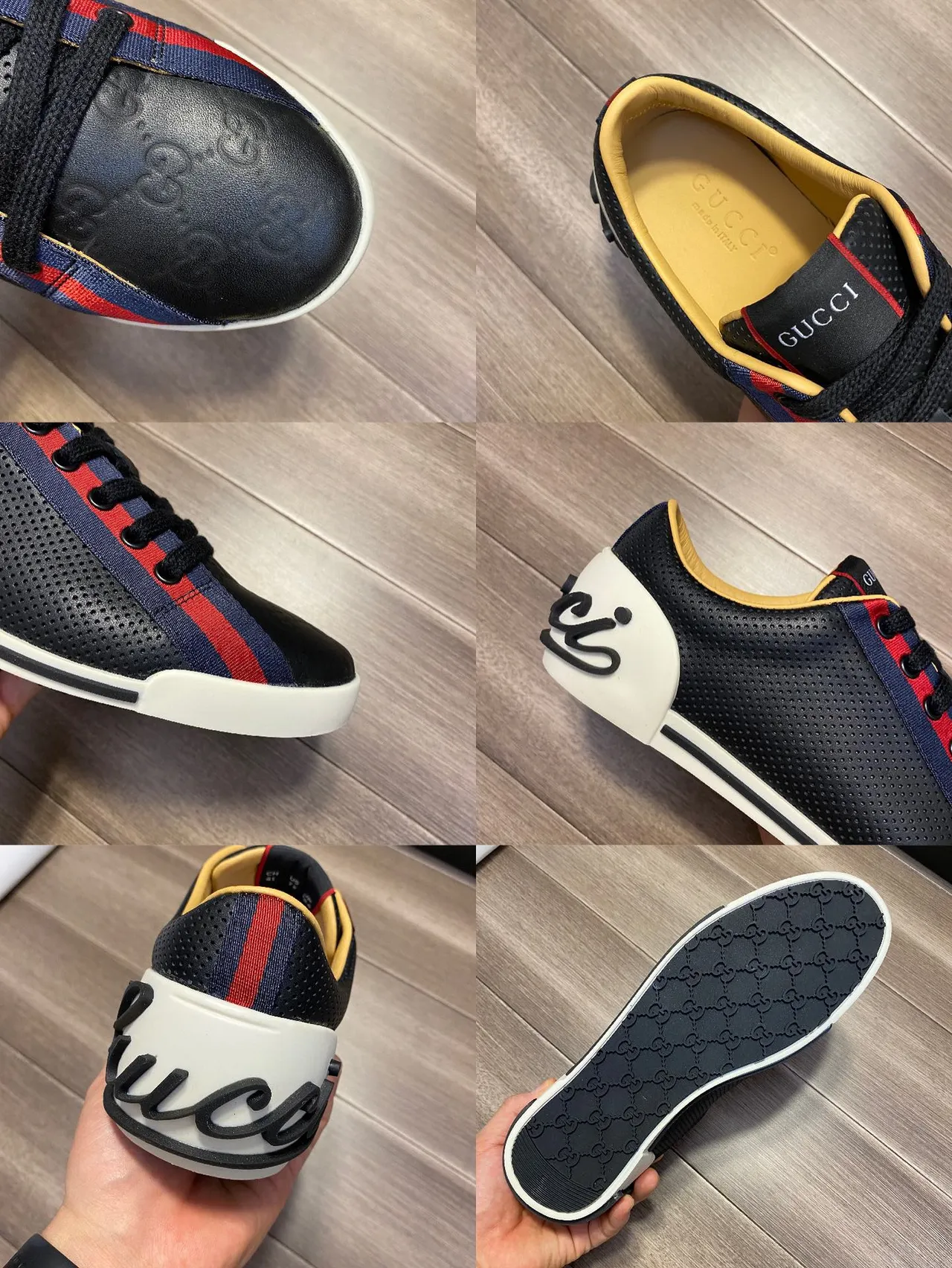 Gucci Screener Perforated Black Red Blue Web Lifestyle Sneakers