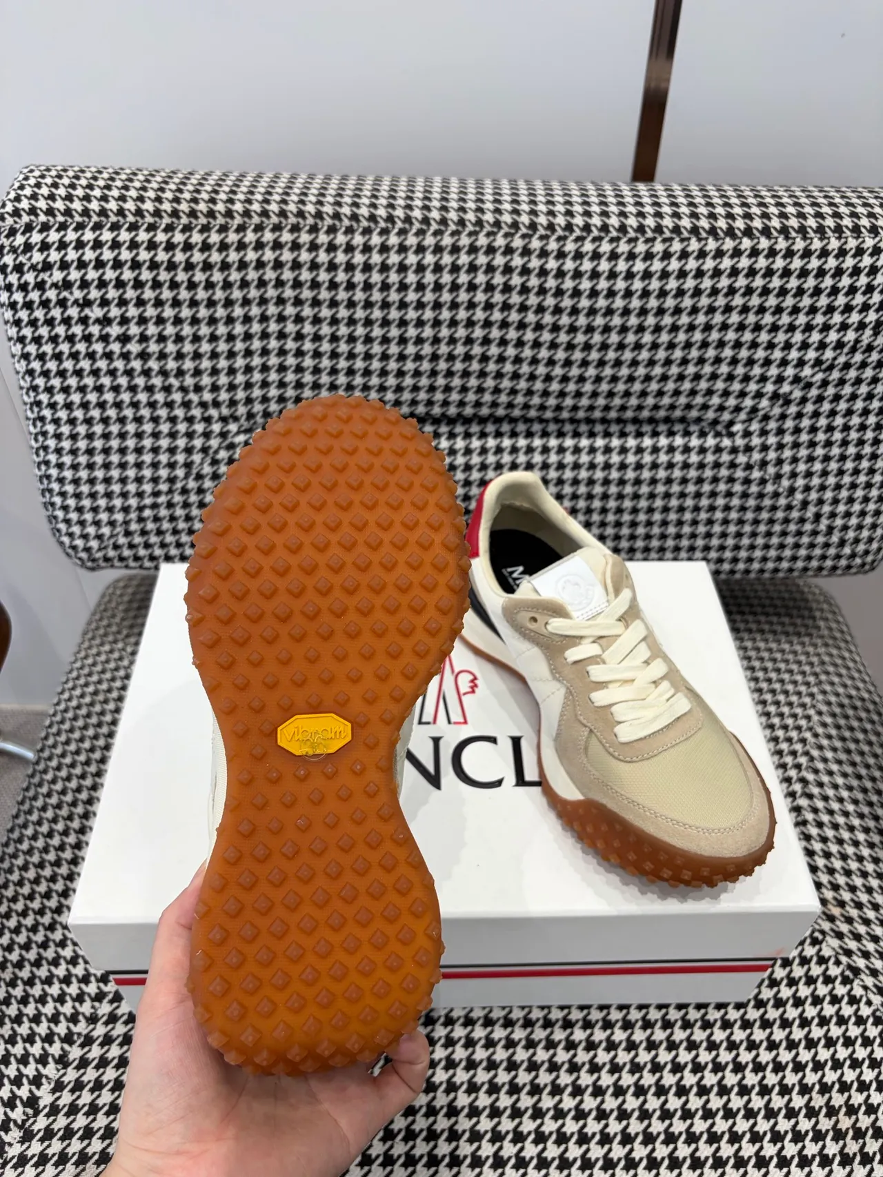 Moncler Beige Red Retro Runner Silhouette Mixed-Material Upper Sneakers