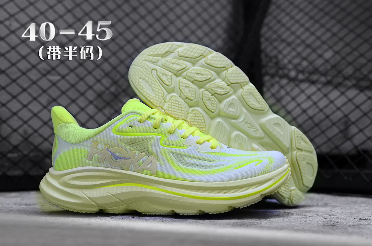 Hoka White Yellow Engineered Knit Upper Neon Accents Running Shoes