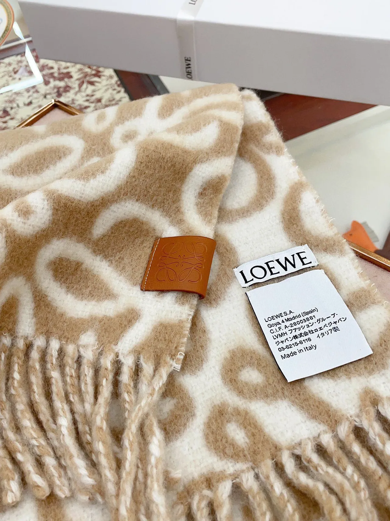 Beige and Cream Abstract Loop Pattern Cashmere Scarf