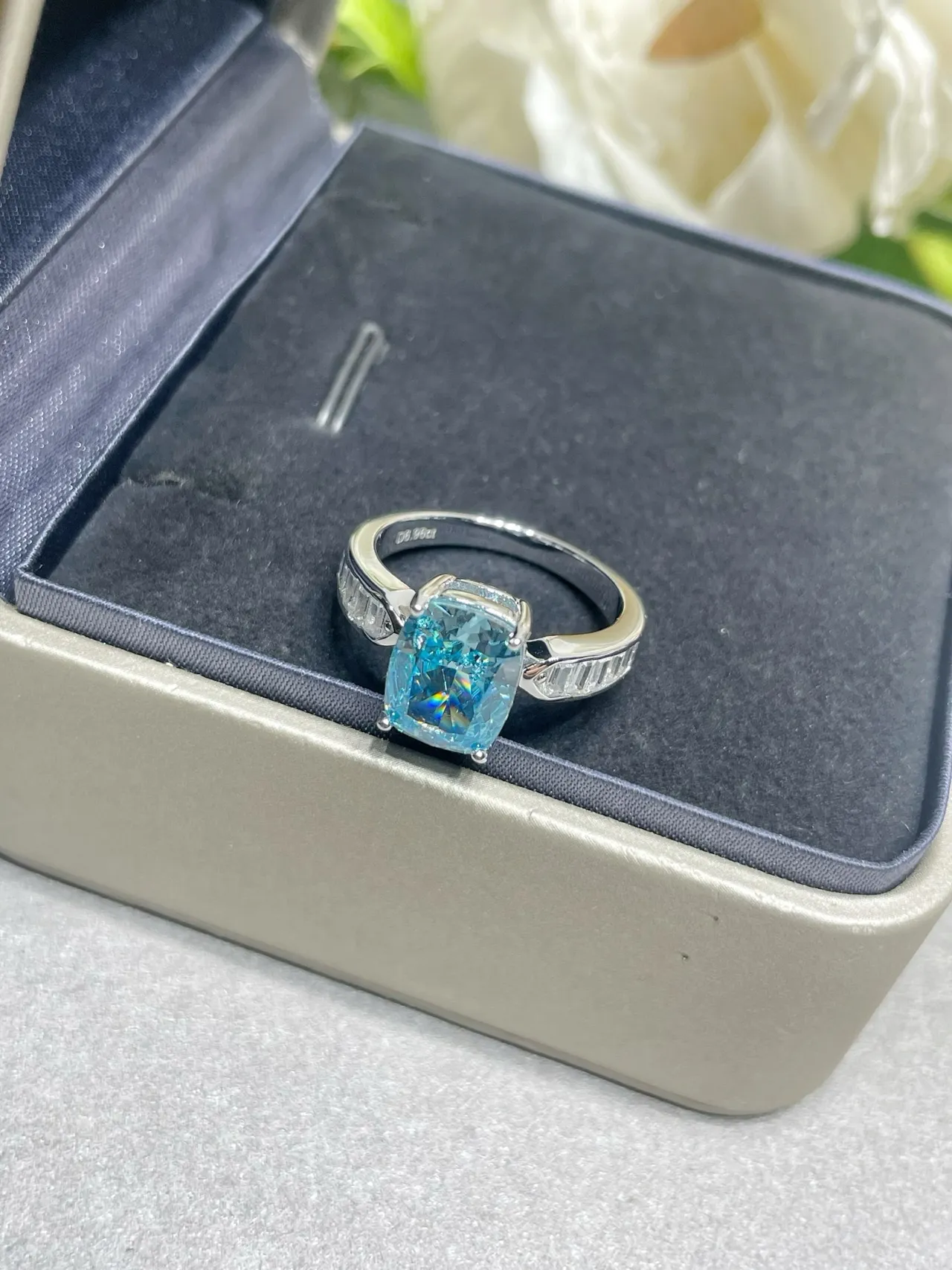 Blue Silver Cushion-Cut Central Stone Baguette Side Accents Ring