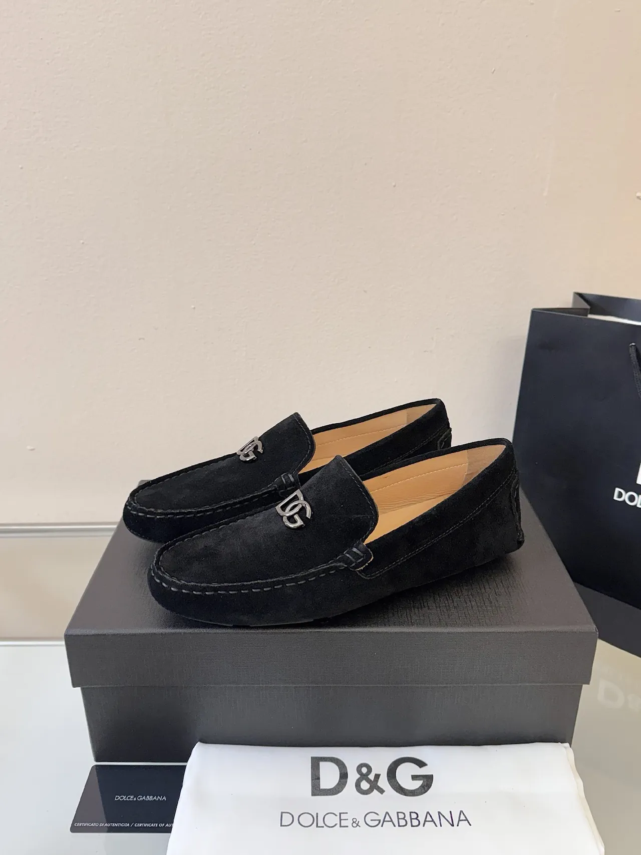 Dolce & Gabbana Portofino Black Beige Suede Upper Metal DG Buckle Loafer