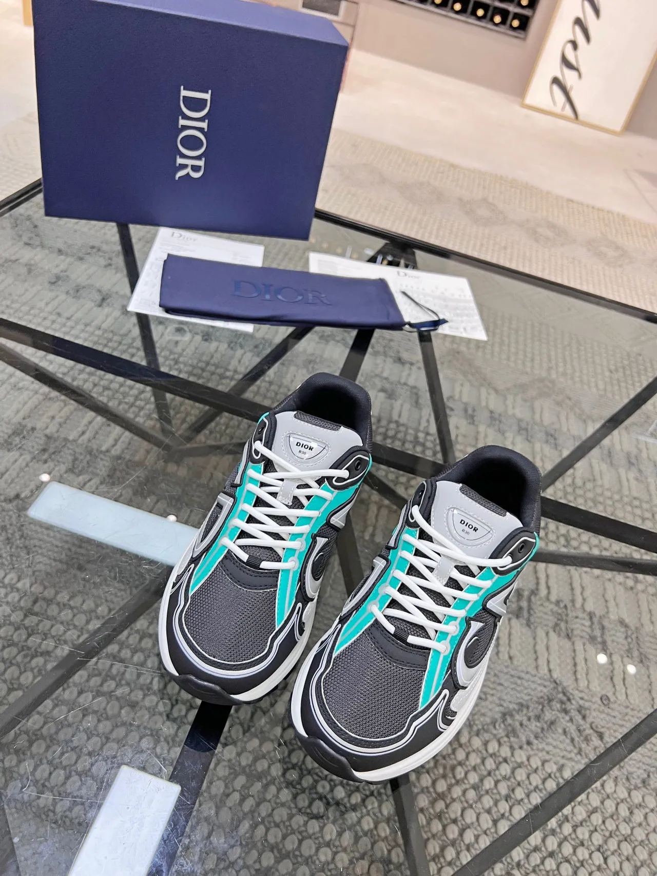 Dior B23 Black Blue Sole Layered Mesh And Synthetic Overlays Chunky Sneakers