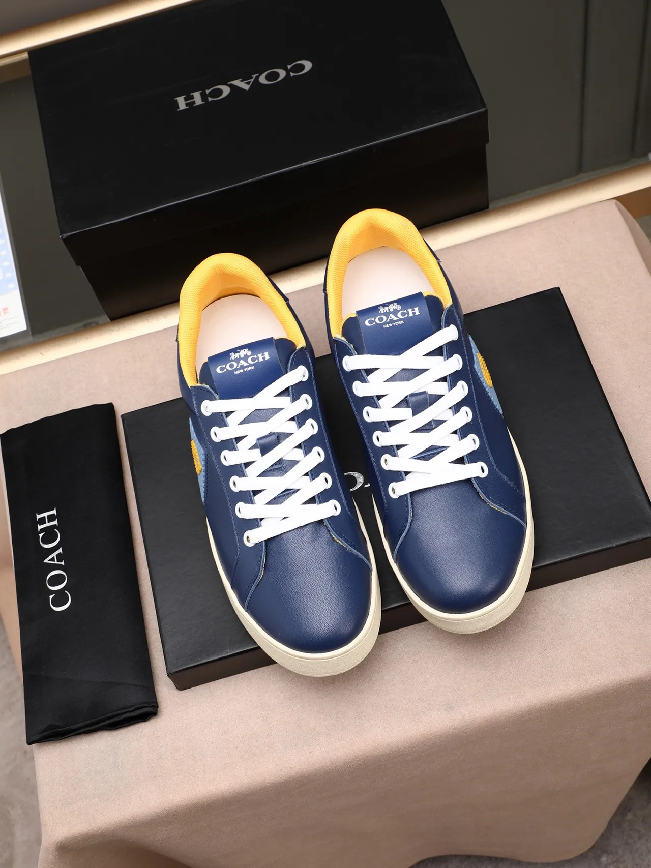 Coach Navy Yellow Leather Upper Contrast Collar Sneakers