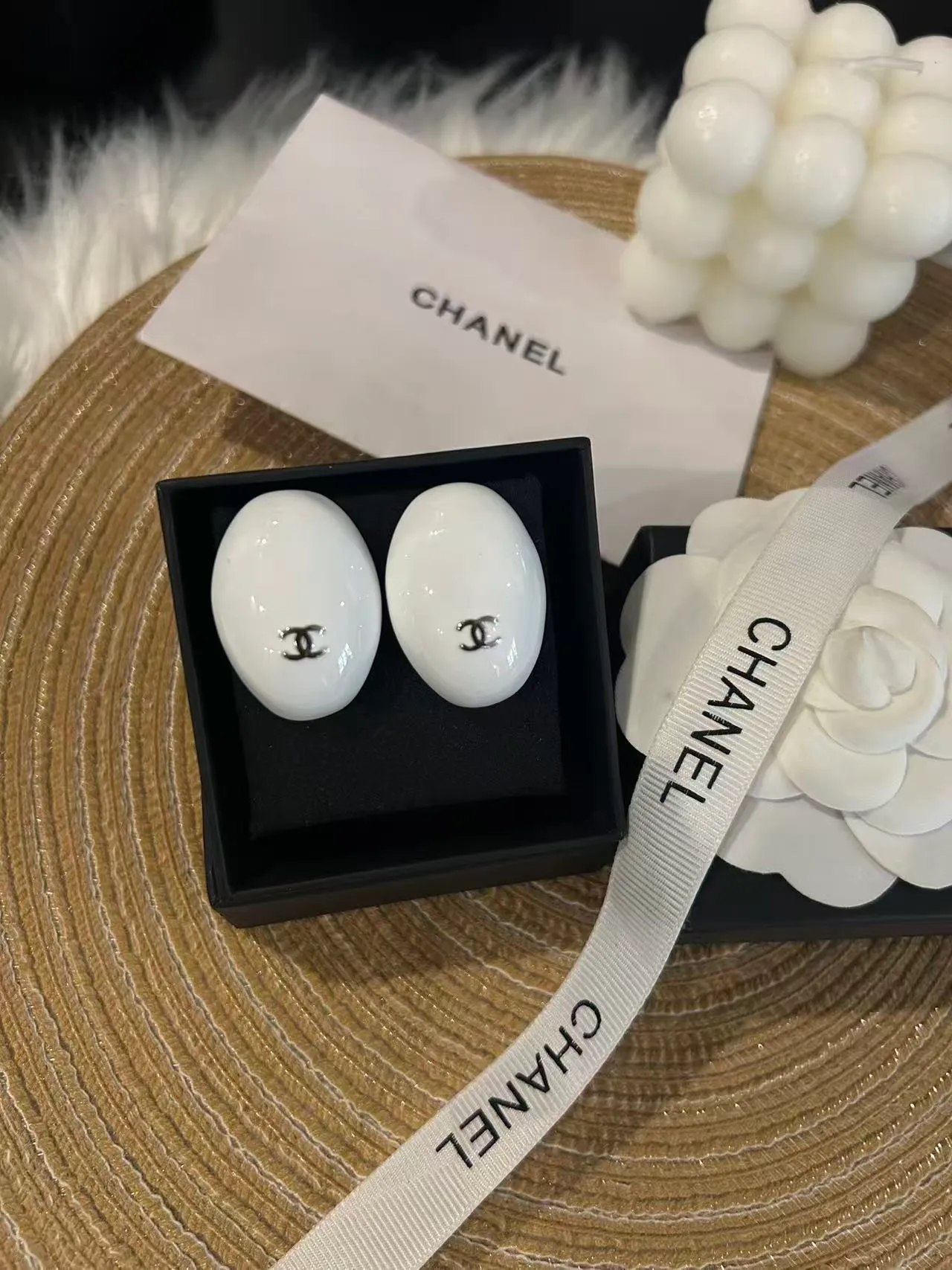 Chanel Enamel Oval CC Logo Stud Earrings