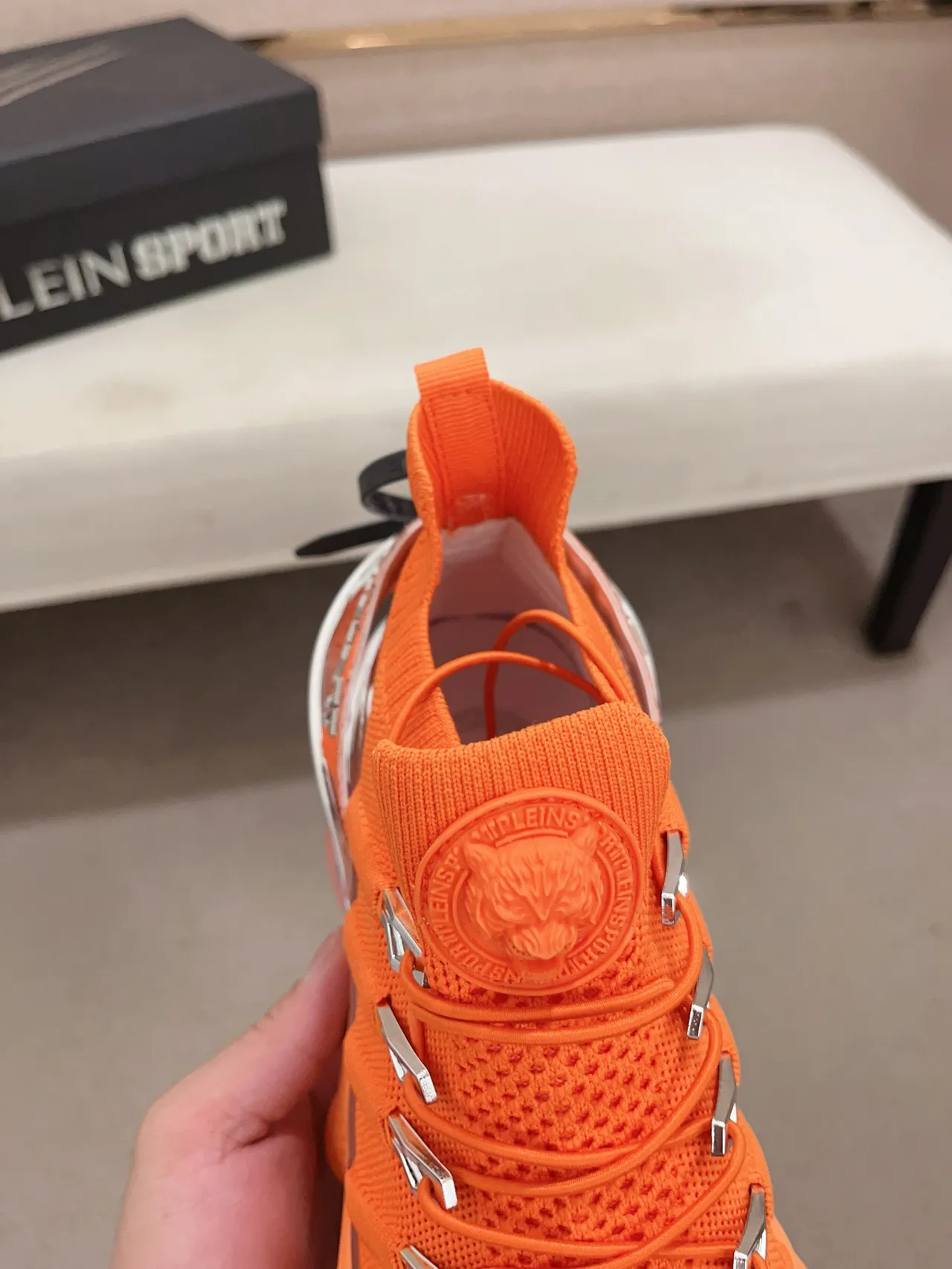 Philipp Plein Orange Silver Knit Upper Sculpted Midsole Chunky Sneakers