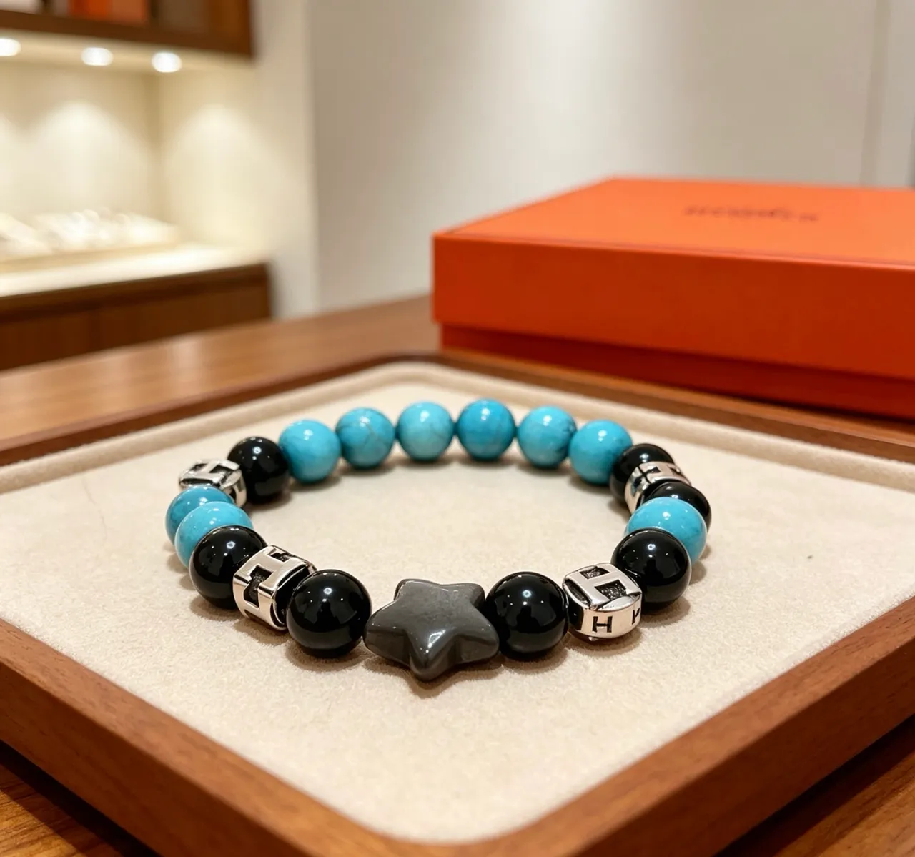 Hermès H Collection Black Blue Beaded Stretch Hardware Bracelet